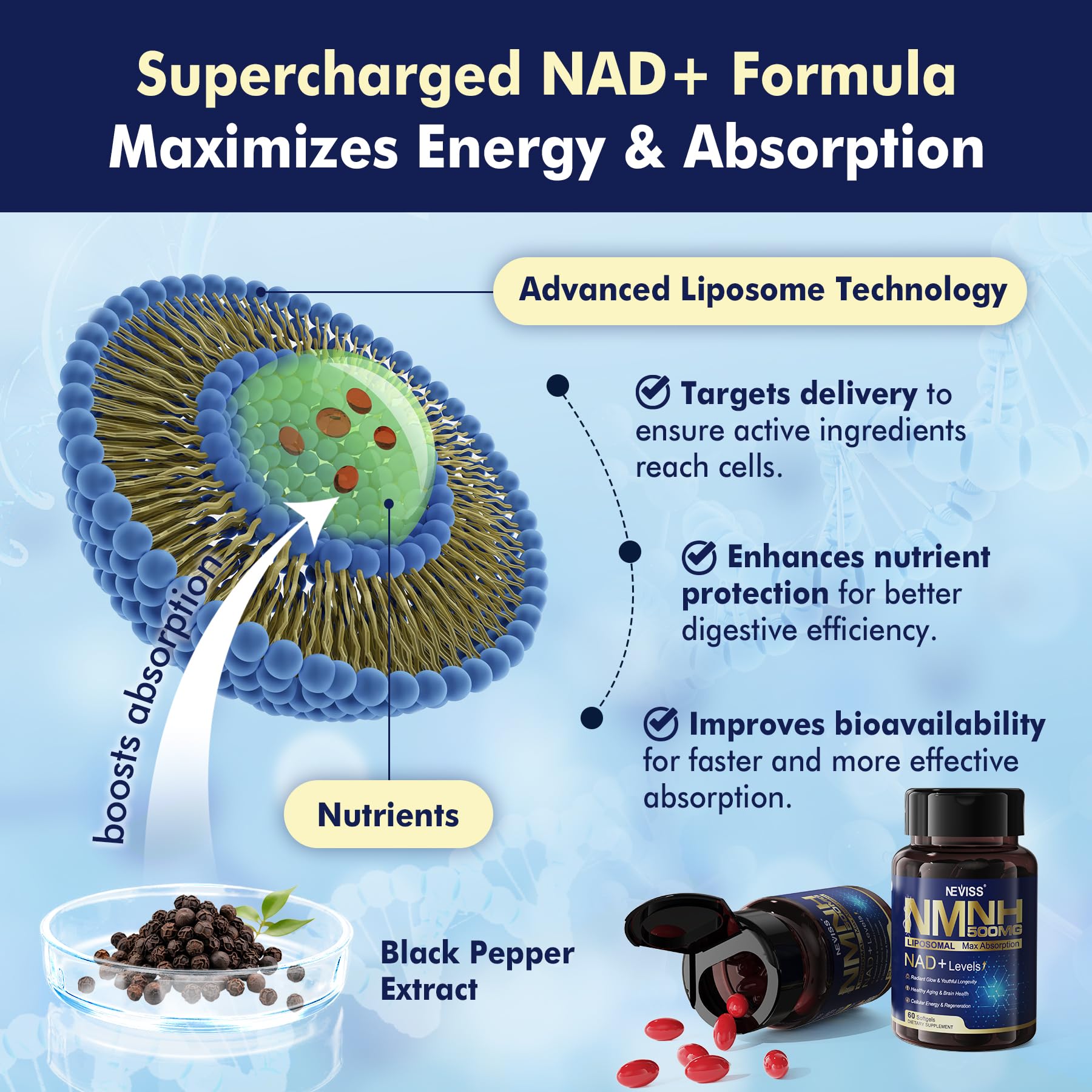 2Pack NAD+ Supplement, Next-Gen NMNH Liposomal 500mg, NR NMN Supplement Alternative, High Absorption NAD+ with Curcumin, Niacinamide for Cellular Energy, DNA Repair, Healthy Aging, 120 Softgels - Image 7