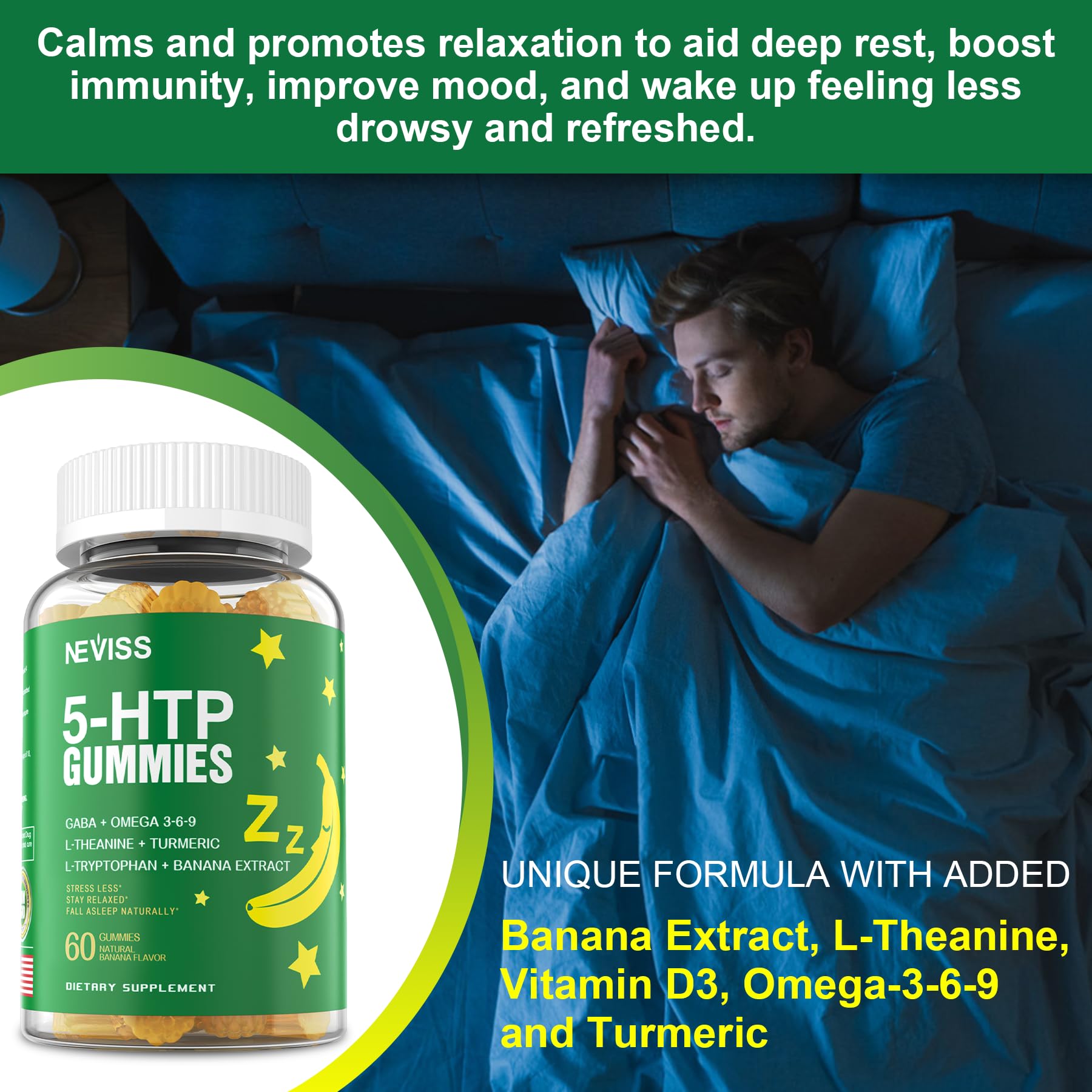 5-HTP 400MG Gummies + GABA - Melatonin Free - Relaxation Gummies with Banana Extract, L-Theanine, Turmeric, L-Tryptophan, D3 for Healthy Rest Cycle, Circadian Rhythm, Brain & Muscle Relax, Pack of 2 - Image 5