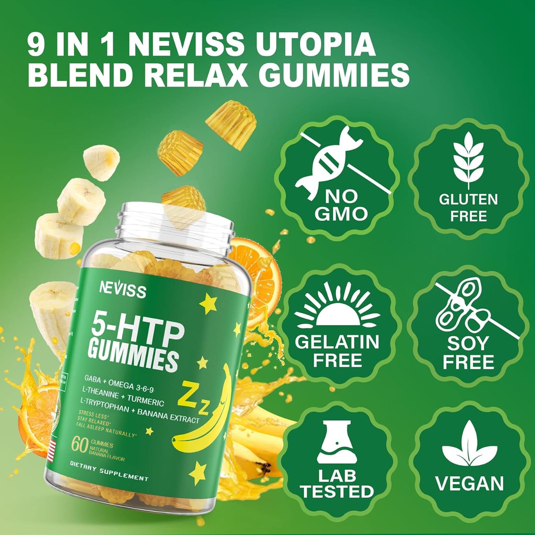 5-HTP 400MG Gummies + GABA - Melatonin Free - Relaxation Gummies with Banana Extract, L-Theanine, Turmeric, L-Tryptophan, D3 for Healthy Rest Cycle, Circadian Rhythm, Brain & Muscle Relax, Pack of 2 - Image 6