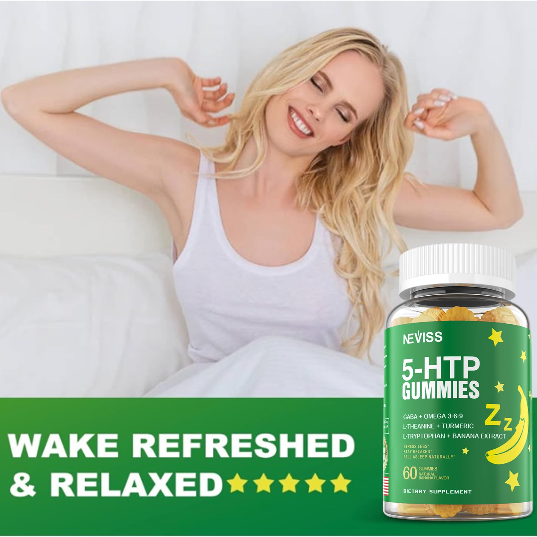5-HTP 400MG Gummies + GABA - Melatonin Free - Relaxation Gummies with Banana Extract, L-Theanine, Turmeric, L-Tryptophan, D3 for Healthy Rest Cycle, Circadian Rhythm, Brain & Muscle Relax, Pack of 2 - Image 7