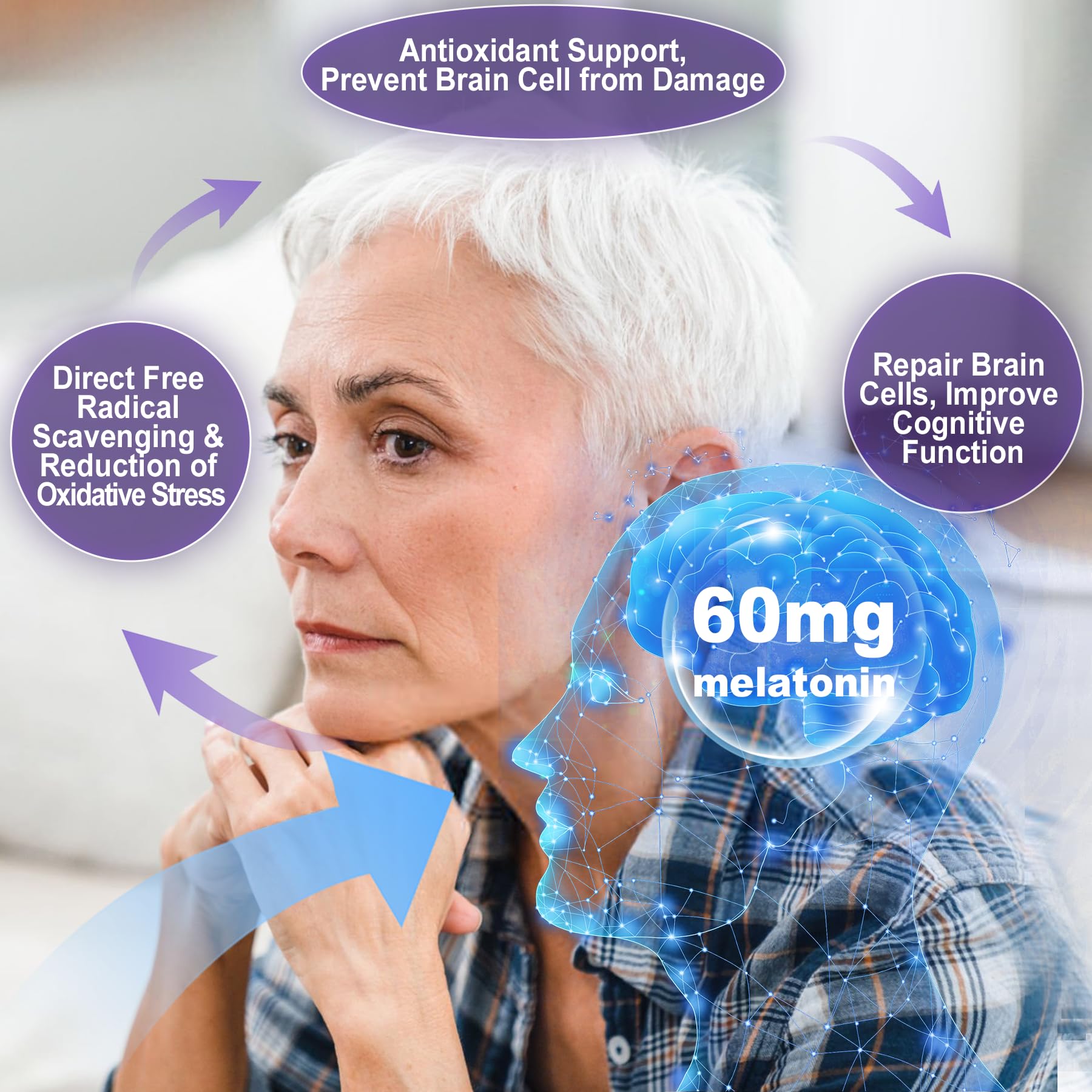 Antioxidant & Brain Support Melatonin 60mg 30mg for 50+ Adults | High Dose Melatonin for Anti-Aging & Immune | Extra Strength Melatonin Gummies with B6, Ashwagandha, Magnesium, MSM - 60 Gummies - Image 4