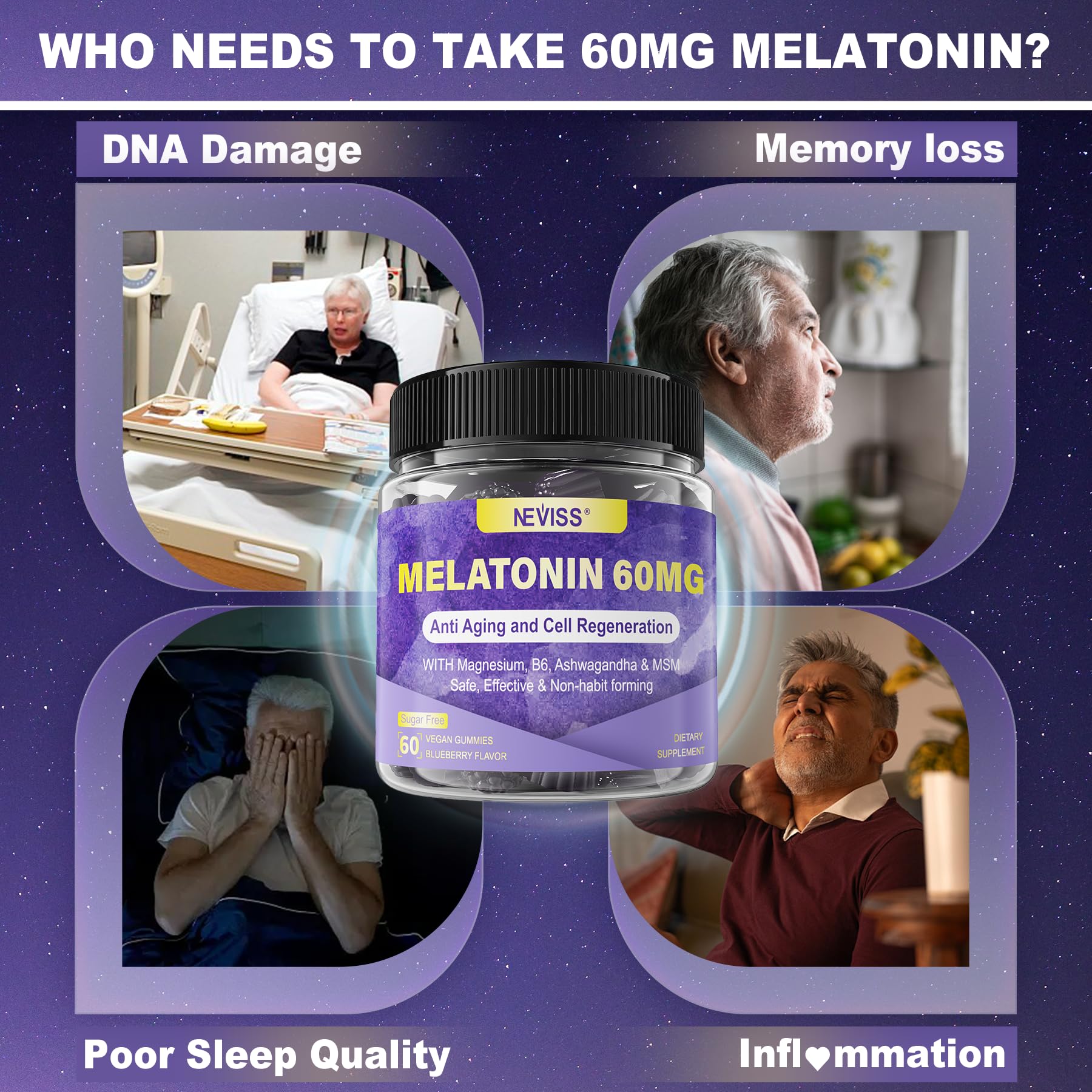 Antioxidant & Brain Support Melatonin 60mg 30mg for 50+ Adults | High Dose Melatonin for Anti-Aging & Immune | Extra Strength Melatonin Gummies with B6, Ashwagandha, Magnesium, MSM - 60 Gummies - Image 7