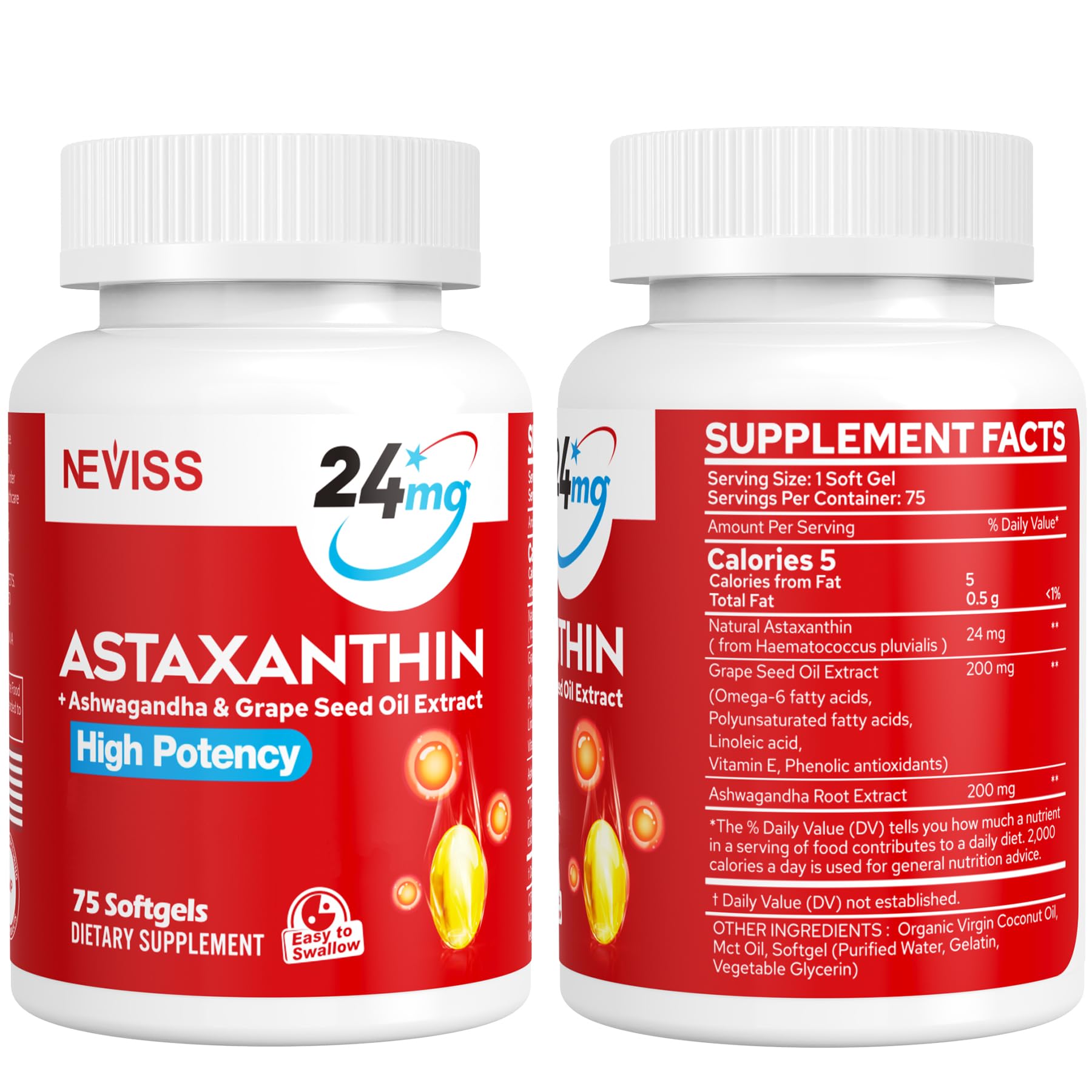 Astaxanthin Supplements 24mg, 5 Month Supply - Coconut MCT Oil, Fresh Microalgae Source w/Grape Seed Oil, Ashwagandha - Antioxidants for Healthy Skin, Eyes, Aging - Non-GMO & Gluten Free, 150 Softgels - Image 9