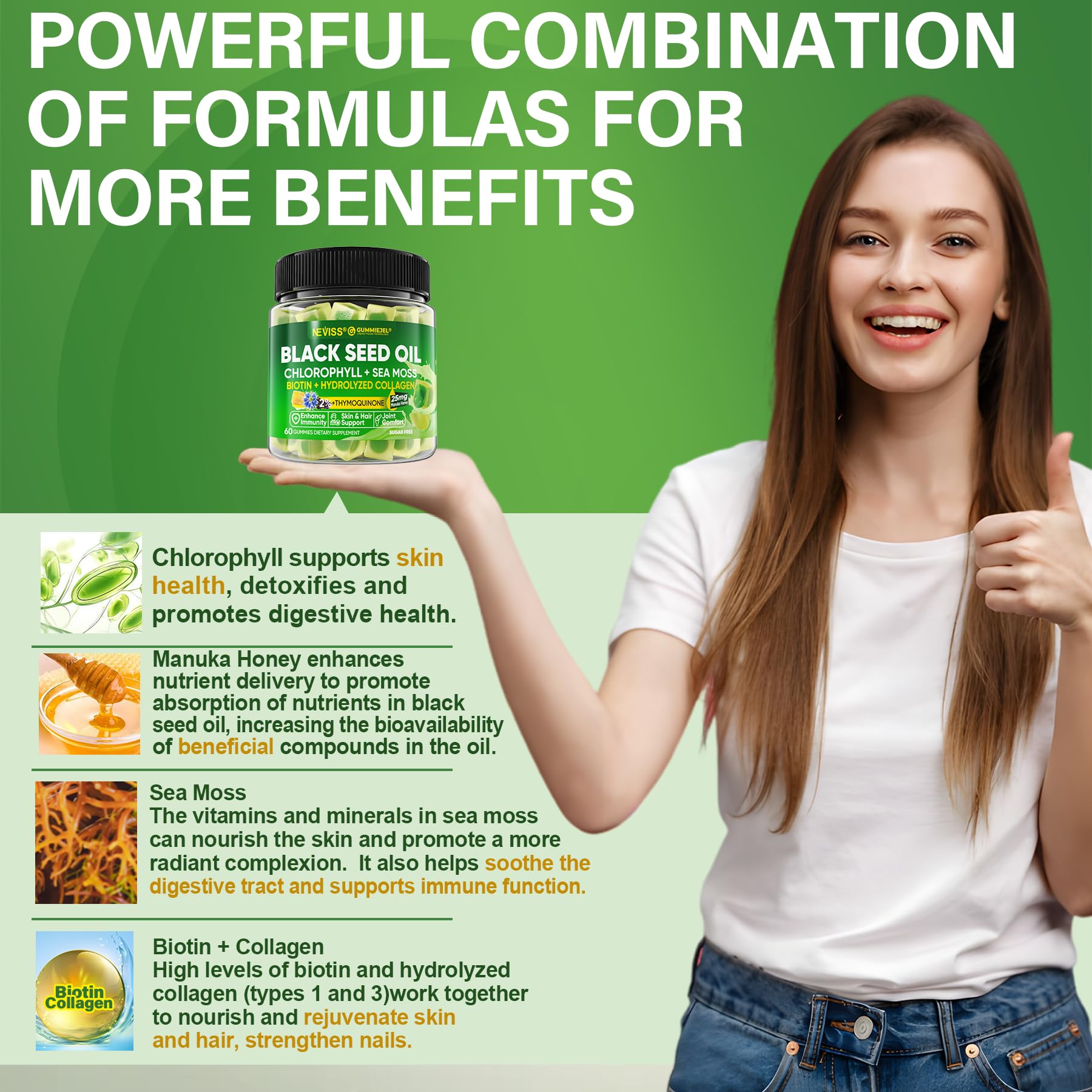 Black Seed Oil Gummies for Adults & Kids 9+, Chlorophyll & Sea Moss Supplement, Biotin with Hydrolyzed Collagen for Skin, Hair & Nails, Vit E, C, Zinc for Immune, Overall Health, Organic Cold Pressed - Image 4