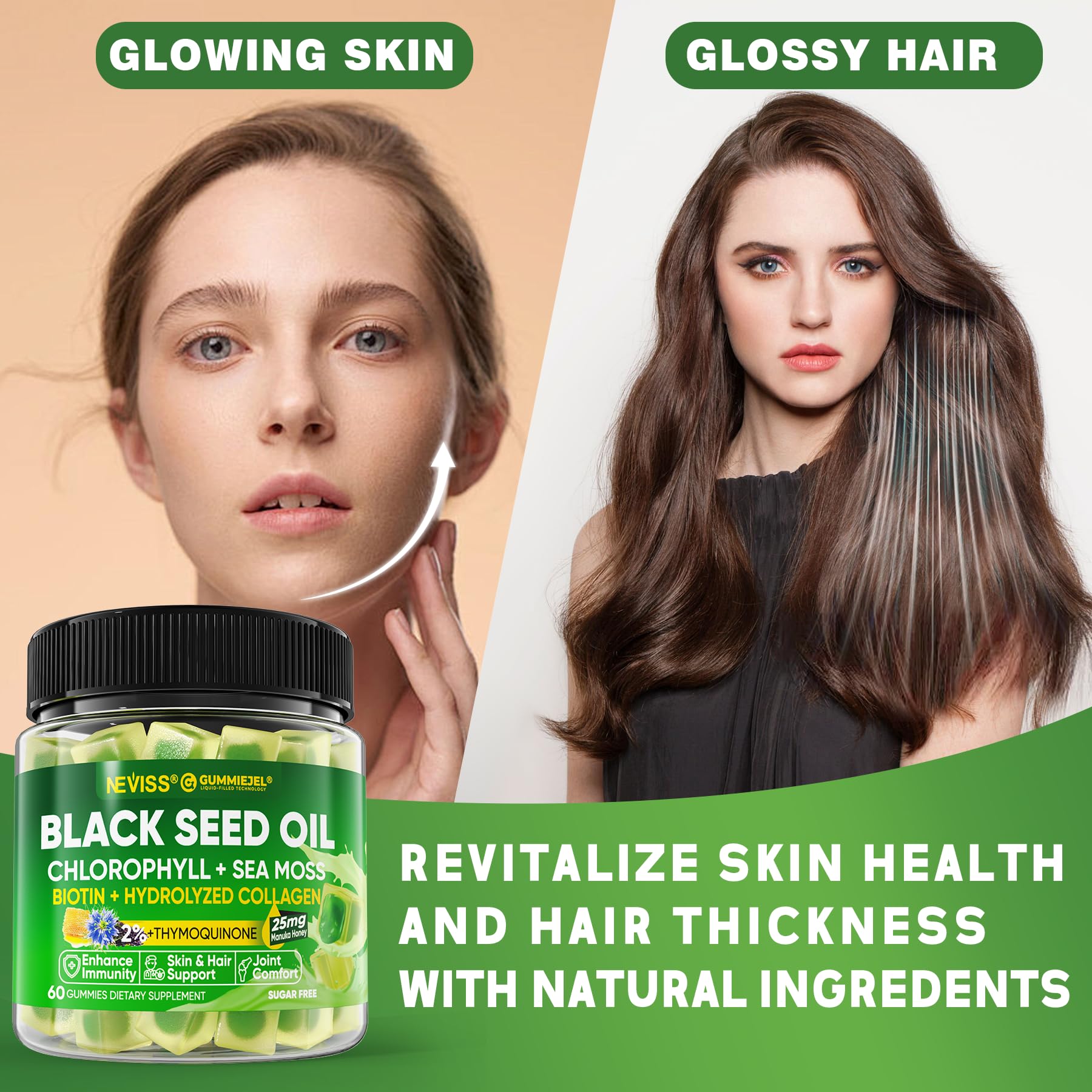 Black Seed Oil Gummies for Adults & Kids 9+, Chlorophyll & Sea Moss Supplement, Biotin with Hydrolyzed Collagen for Skin, Hair & Nails, Vit E, C, Zinc for Immune, Overall Health, Organic Cold Pressed - Image 5