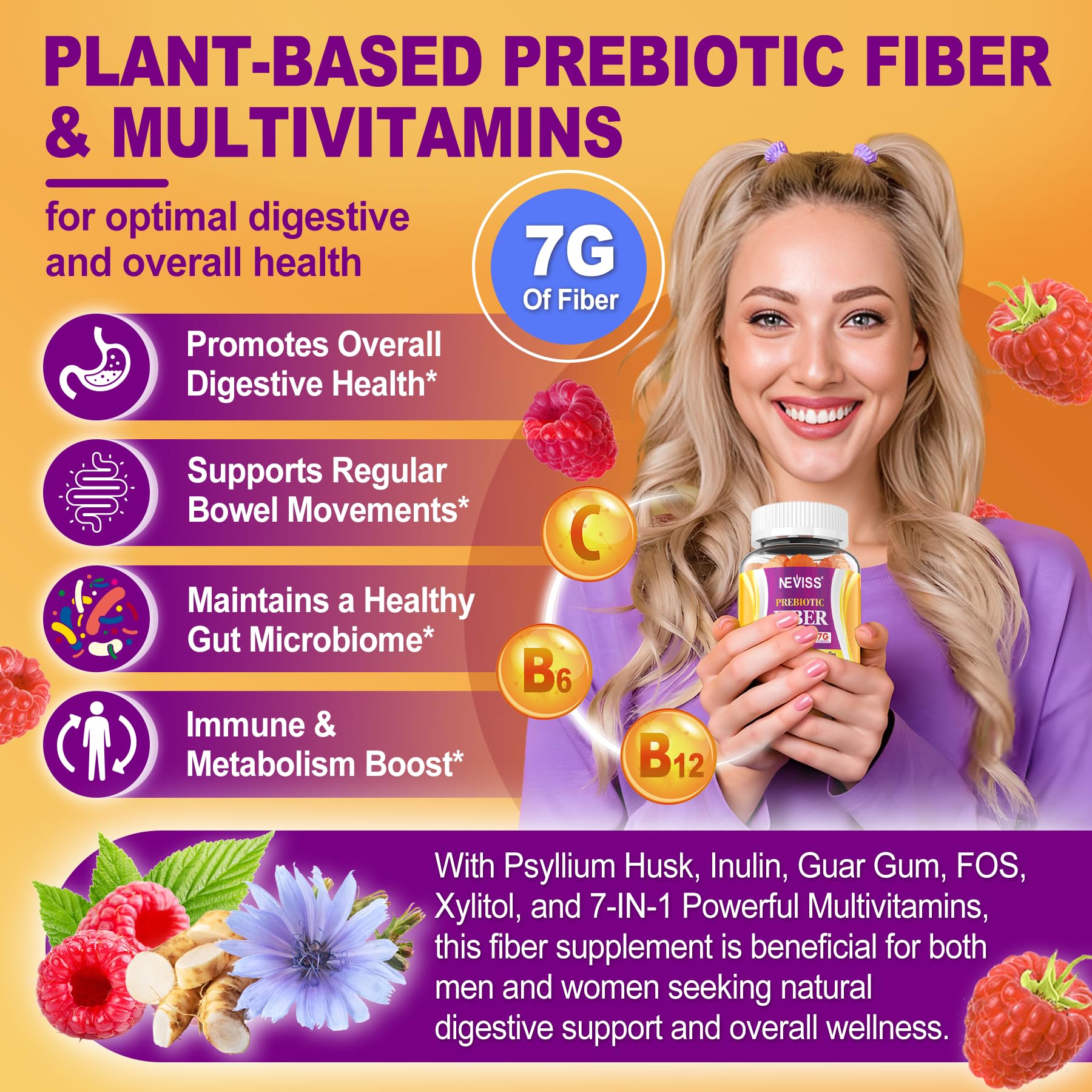 Fiber Gummies for Adults with Psyllium Husk, 7G(Soluble + Insoluble) Daily Prebiotic Fiber with Inulin, FOS, Guar Gum, Multivitamins for Daily Digestive Health, Regularity Support,Sugar Free,Pack of 2 - Image 4