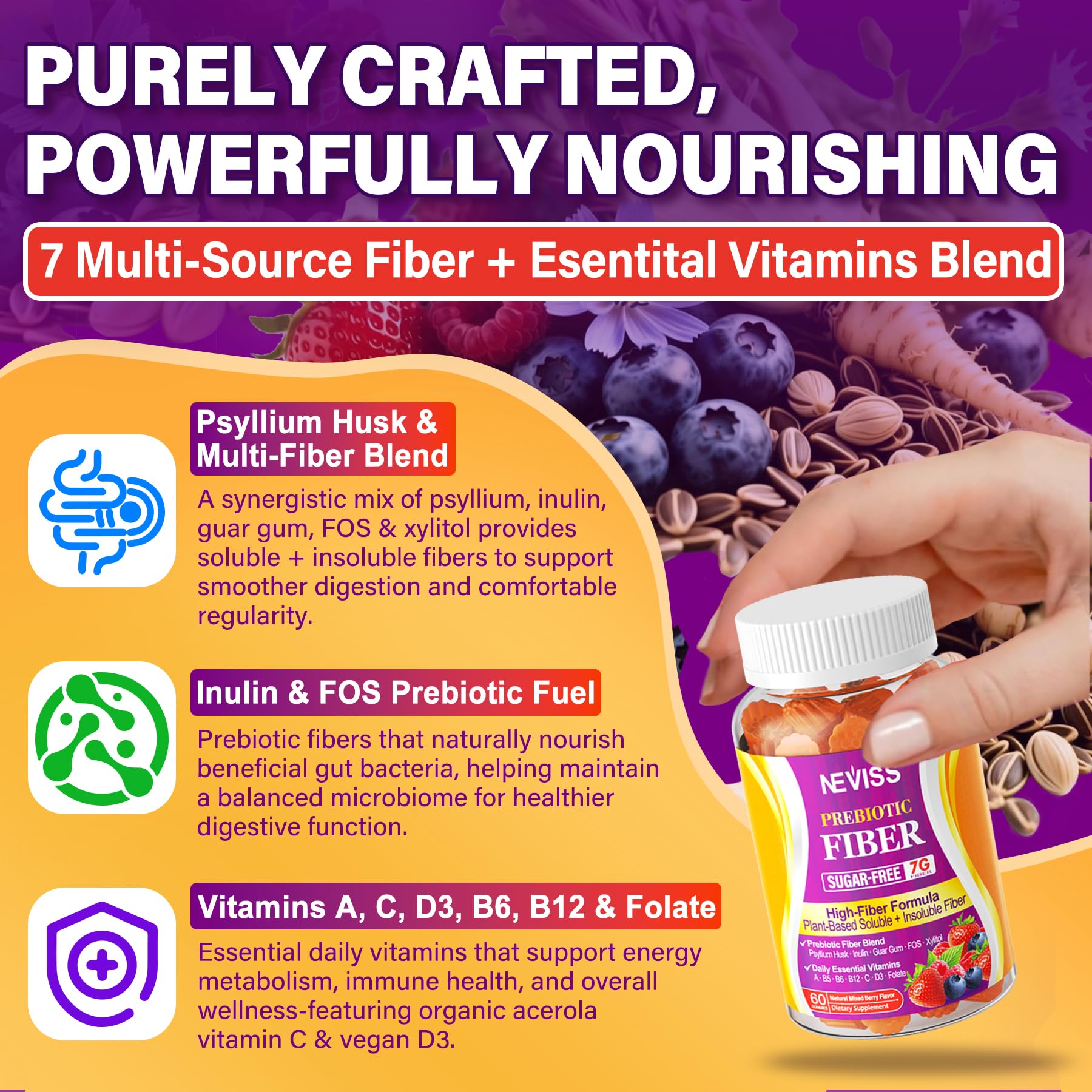 Fiber Gummies for Adults with Psyllium Husk, 7G(Soluble + Insoluble) Daily Prebiotic Fiber with Inulin, FOS, Guar Gum, Multivitamins for Daily Digestive Health, Regularity Support,Sugar Free,Pack of 2 - Image 7