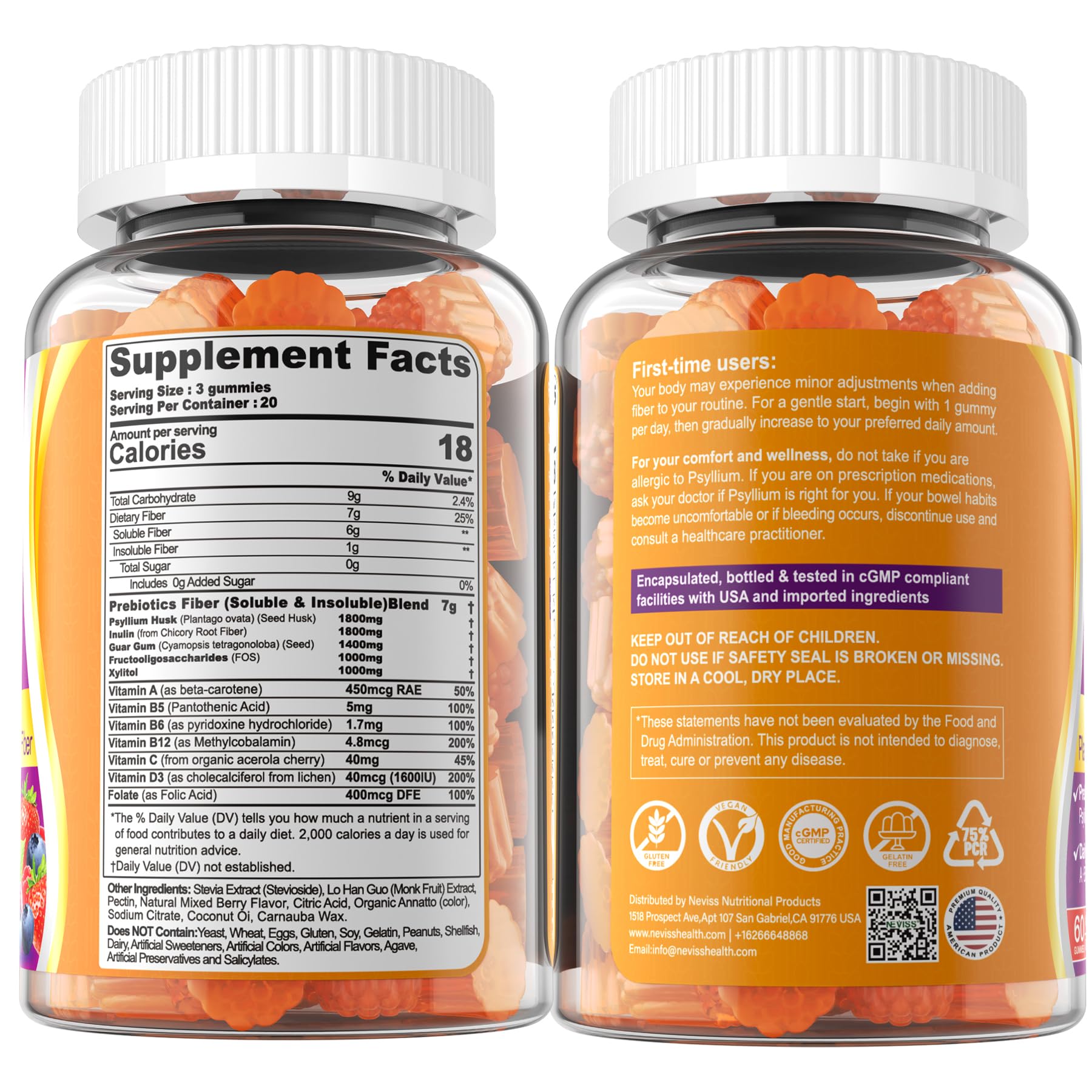 Fiber Gummies for Adults with Psyllium Husk, 7G(Soluble + Insoluble) Daily Prebiotic Fiber with Inulin, FOS, Guar Gum, Multivitamins for Daily Digestive Health, Regularity Support,Sugar Free,Pack of 2 - Image 8