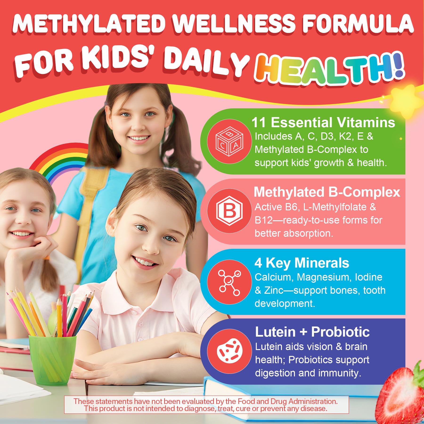 Kids Multivitamin Gummies + Calcium, Probiotics, Vitamin D3, C, Methylated B12 & Methylfolate, B6, A, K2, E, Zinc, Prebiotics for Children Ages 4+, Clean & Sugar Free, for Nutritional Support, 60 Cts - Image 4