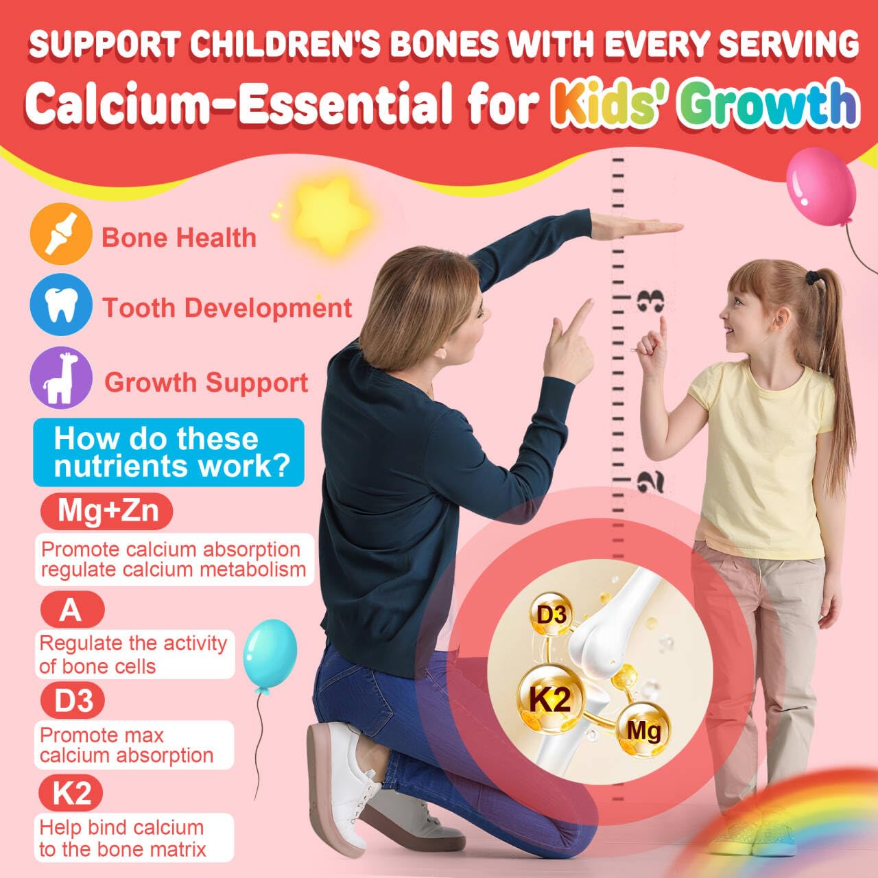 Kids Multivitamin Gummies + Calcium, Probiotics, Vitamin D3, C, Methylated B12 & Methylfolate, B6, A, K2, E, Zinc, Prebiotics for Children Ages 4+, Clean & Sugar Free, for Nutritional Support, 60 Cts - Image 5