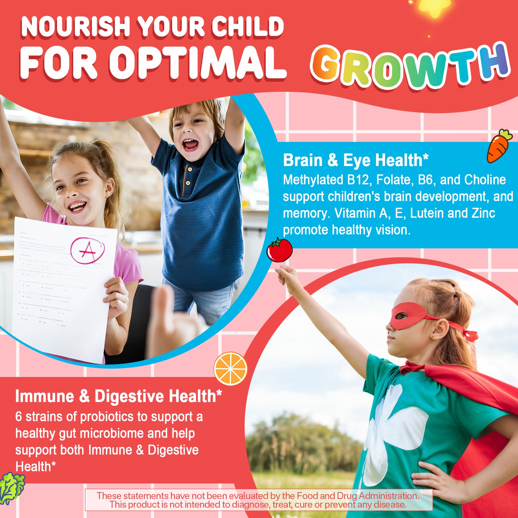 Kids Multivitamin Gummies + Calcium, Probiotics, Vitamin D3, C, Methylated B12 & Methylfolate, B6, A, K2, E, Zinc, Prebiotics for Children Ages 4+, Clean & Sugar Free, for Nutritional Support, 60 Cts - Image 6