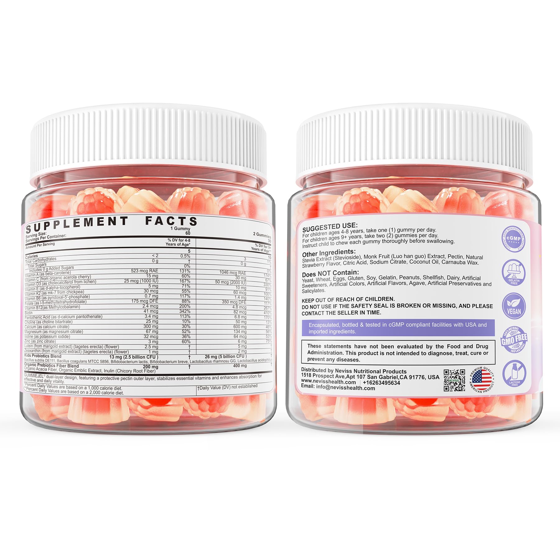 Kids Multivitamin Gummies + Calcium, Probiotics, Vitamin D3, C, Methylated B12 & Methylfolate, B6, A, K2, E, Zinc, Prebiotics for Children Ages 4+, Clean & Sugar Free, for Nutritional Support, 60 Cts - Image 9