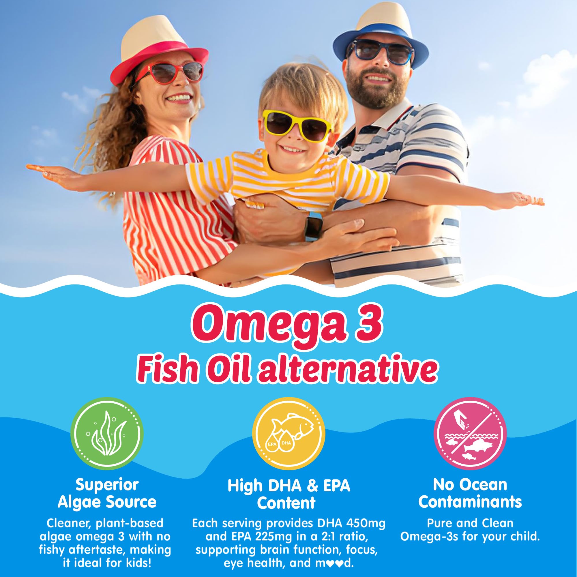 Kids Omega 3 Gummies + Calcium 400mg + Vitamin D3 K2 + C, Omega-3 DHA & EPA Supplement - No Fish Burps, No Sugar - Kids & Teens Omḛga 3 + Multivitamin Gummy for Strong Bones, Brain, Immune, Eye, 2Pack - Image 3