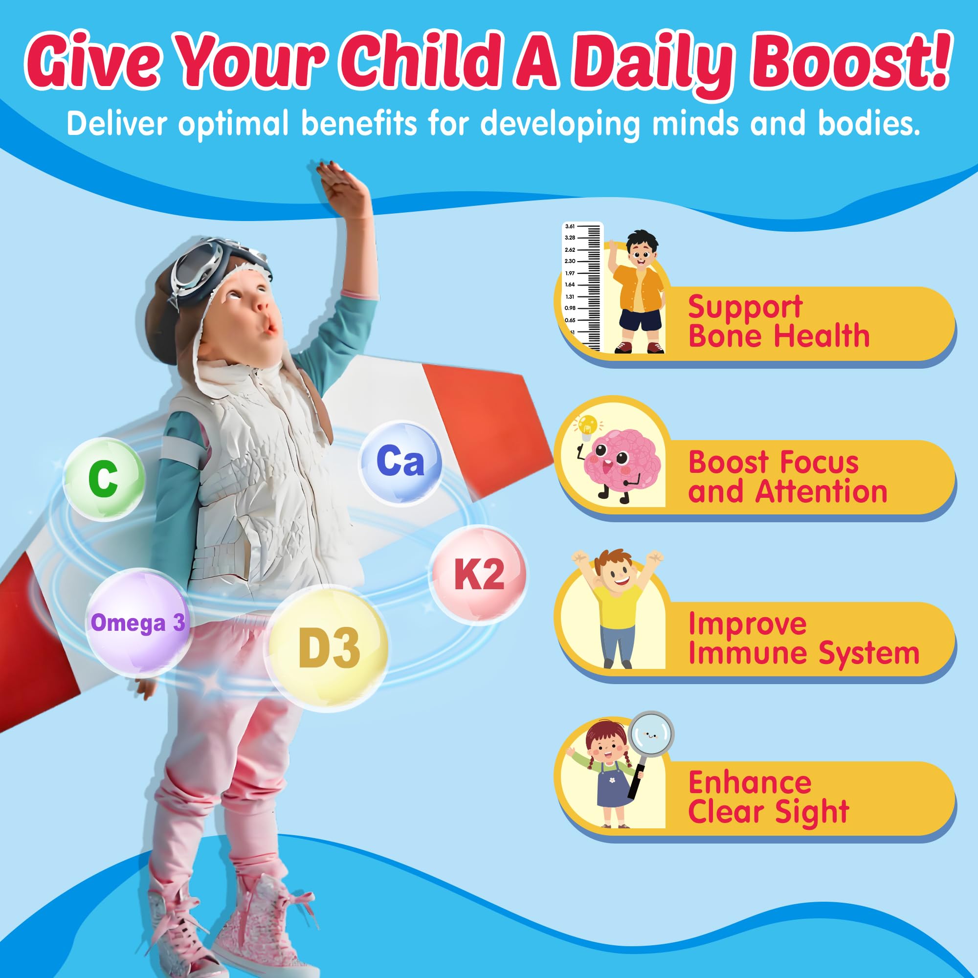 Kids Omega 3 Gummies + Calcium 400mg + Vitamin D3 K2 + C, Omega-3 DHA & EPA Supplement - No Fish Burps, No Sugar - Kids & Teens Omḛga 3 + Multivitamin Gummy for Strong Bones, Brain, Immune, Eye, 2Pack - Image 5