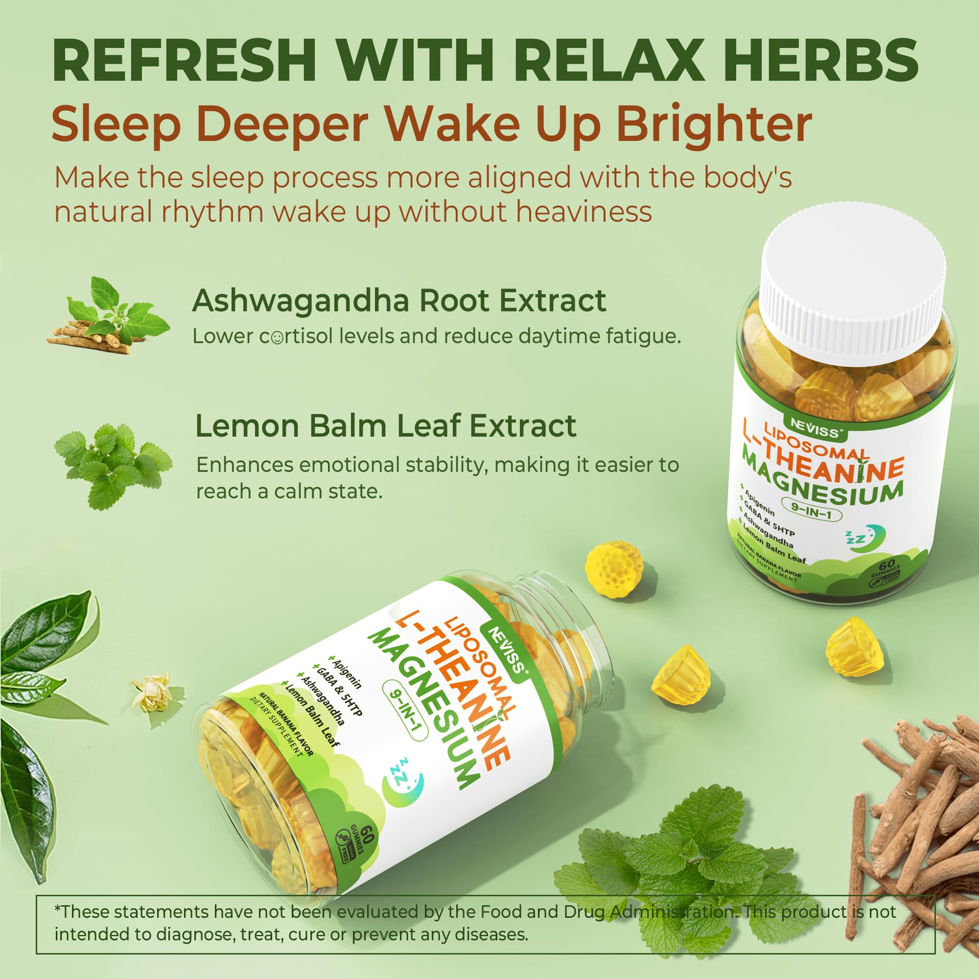 Liposomal L-Theanine 200mg Magnesium Glycinate 400mg Gummies with GABA, 5HTP, Apigenin, Vitamin B6 & D3, Ashwagandha, Lemon Balm Leaf, Melatonin Free Sleep Chewable for Relax Mood & Muscle, 2 Packs - Image 6