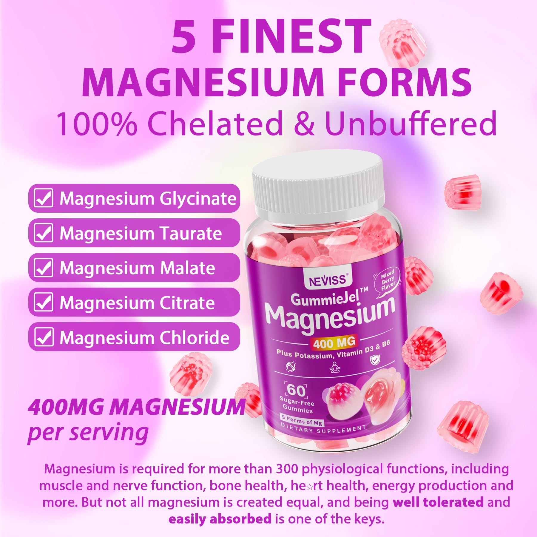 Magnesium Gummies 400mg | 5-in-1 Magnesium Complex for Women & Men: Mag Glycinate, Citrate, Malate, Chloride & Taurate | w/Ashwagandha, D3 & Zinc for Relaxtion, Mood,Energy | Sugar-Free, Vegan, 60Cts - Image 3
