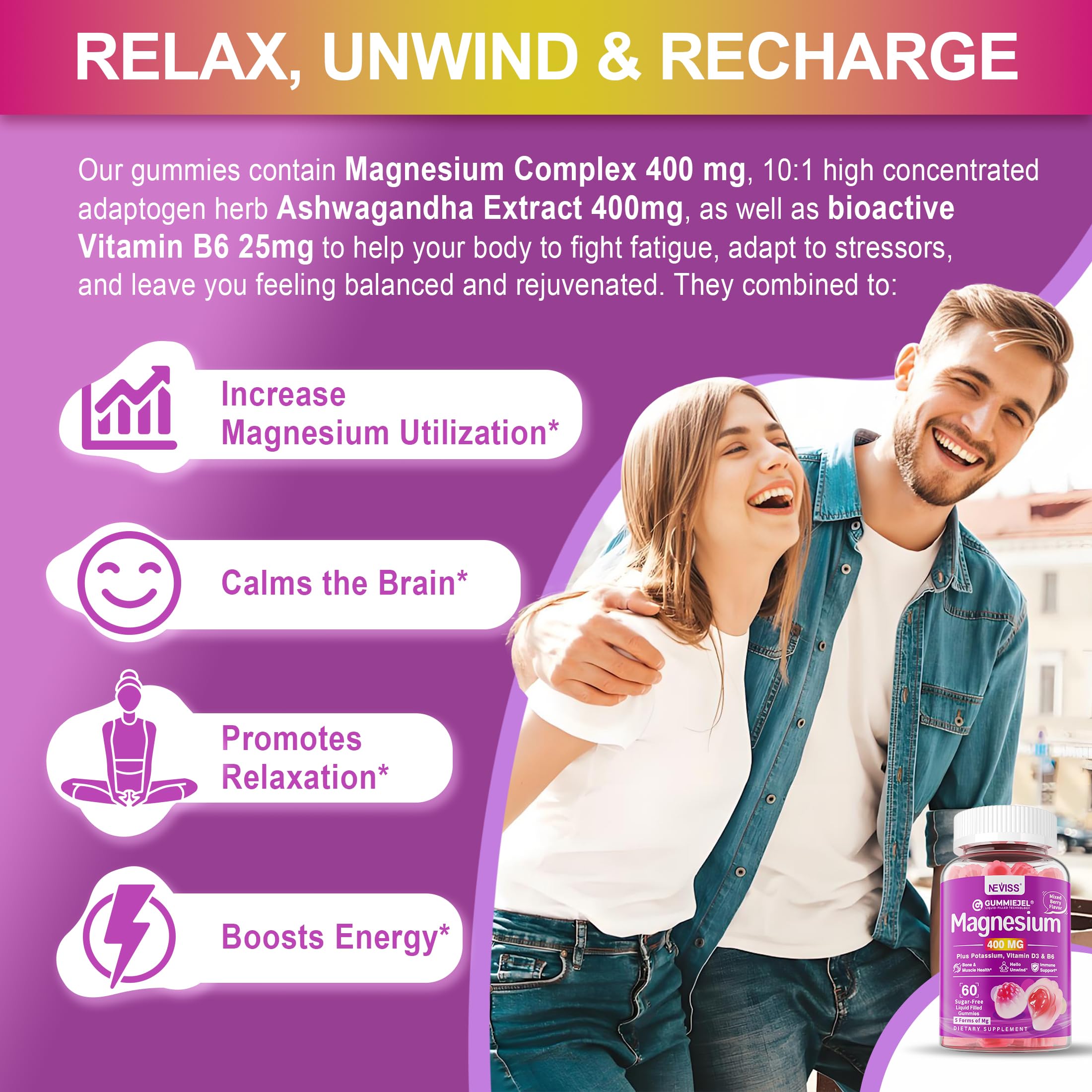 Magnesium Gummies 400mg | 5-in-1 Magnesium Complex for Women & Men: Mag Glycinate, Citrate, Malate, Chloride & Taurate | w/Ashwagandha, D3 & Zinc for Relaxtion, Mood,Energy | Sugar-Free, Vegan, 60Cts - Image 4