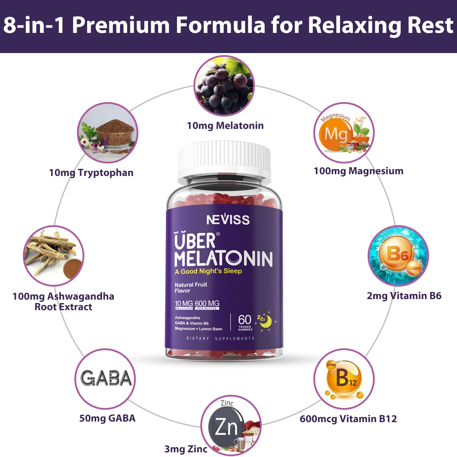 Melatonin Gummies 10mg 20mg for Adults, Melatonin 10 mg per Gummy with Ashwagandha, Magnesium Glycinate, GABA, L-theanine, Valerian Root & Lemon Balm, Rest Support Supplement, Grape Flavor, 2-Pack - Image 3