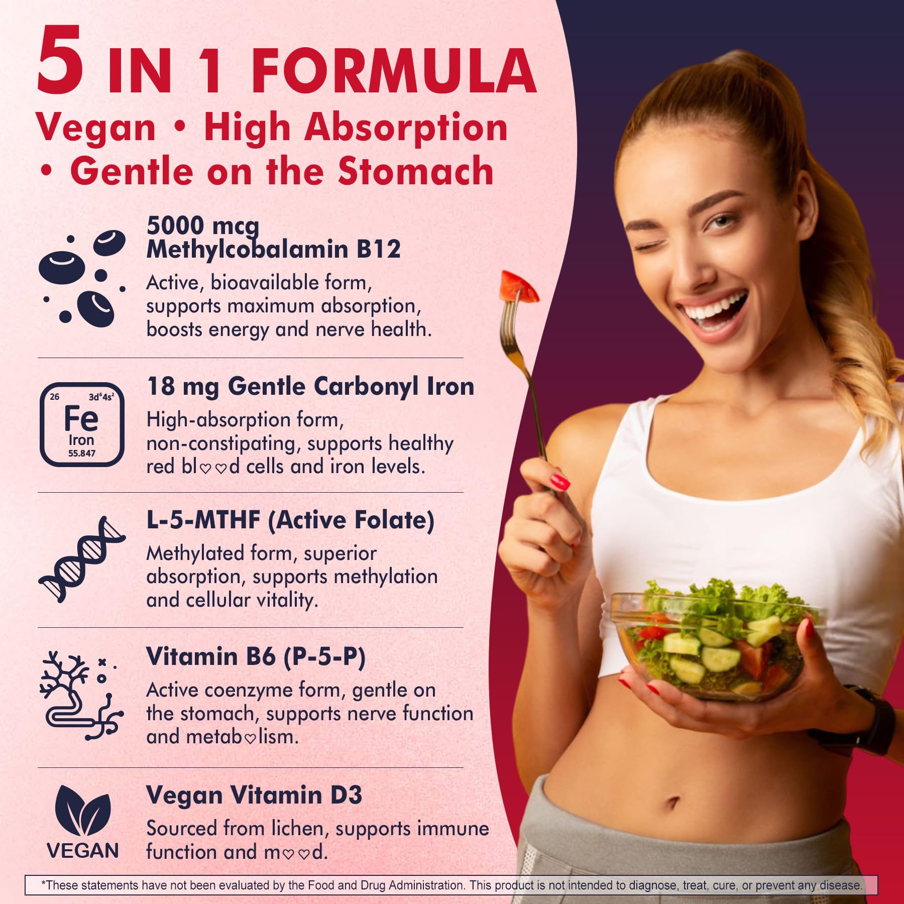 Methylated B12 Gummies 5000mcg/10000mcg & L-Methylfolate 400mcg + Iron 18mg, B6, D3 for Women Men - Methyl B12 Vitamin with Folate for Energy, MTHFR Gene, Methylation for Adults, Sugar free, 2 Pack - Image 7