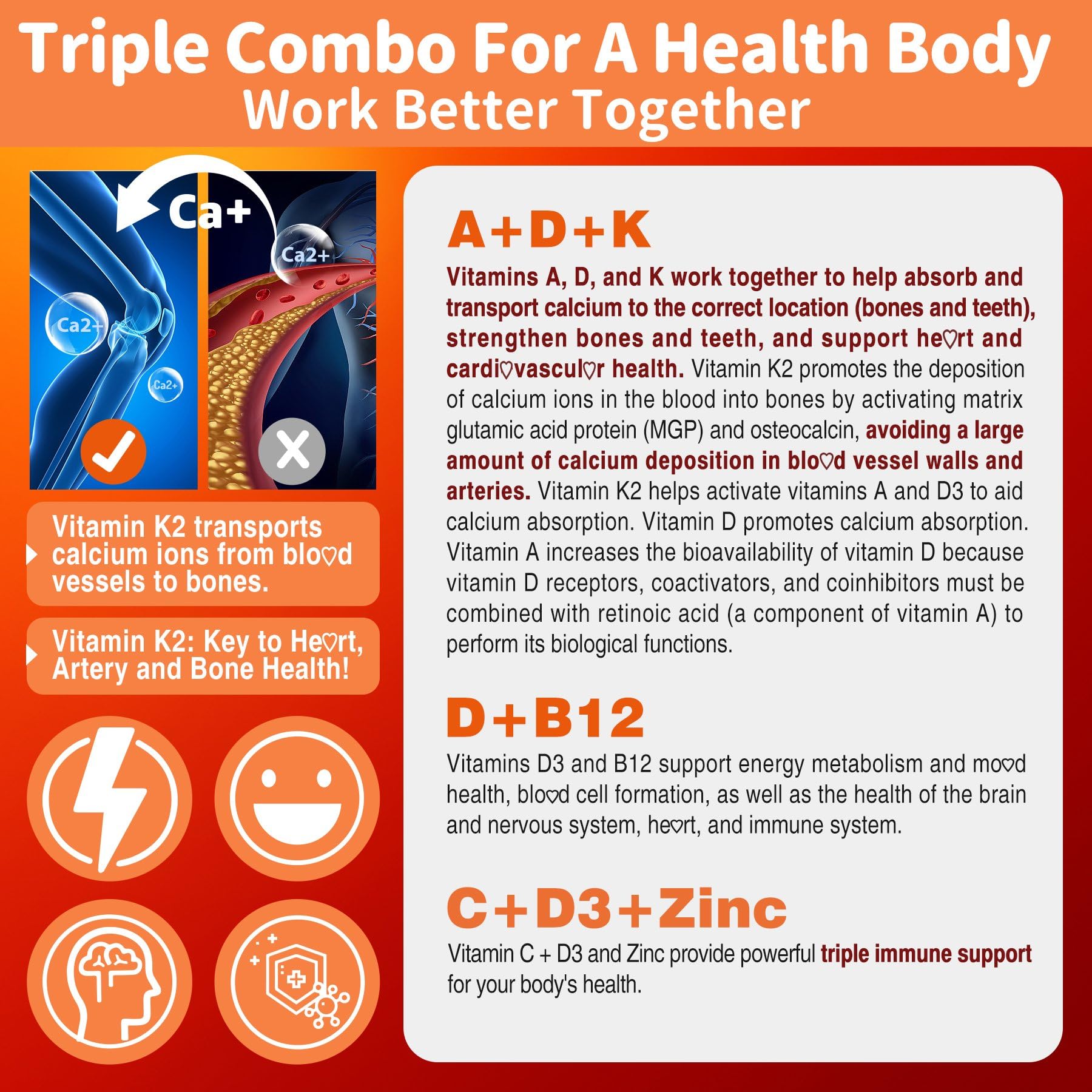 Methylated Multivitamin Women Men, Vitamin D3 K2 5000IU / 10,000IU, B12 5000 mcg 2500mcg, K2 (MK-7) 240mcg- ADK+Methyl Vitamin B12, Vegan D3,Vitamin A,C,Zinc Eye,Bone,Energy,Immune, Sugar-Free Gummies - Image 3