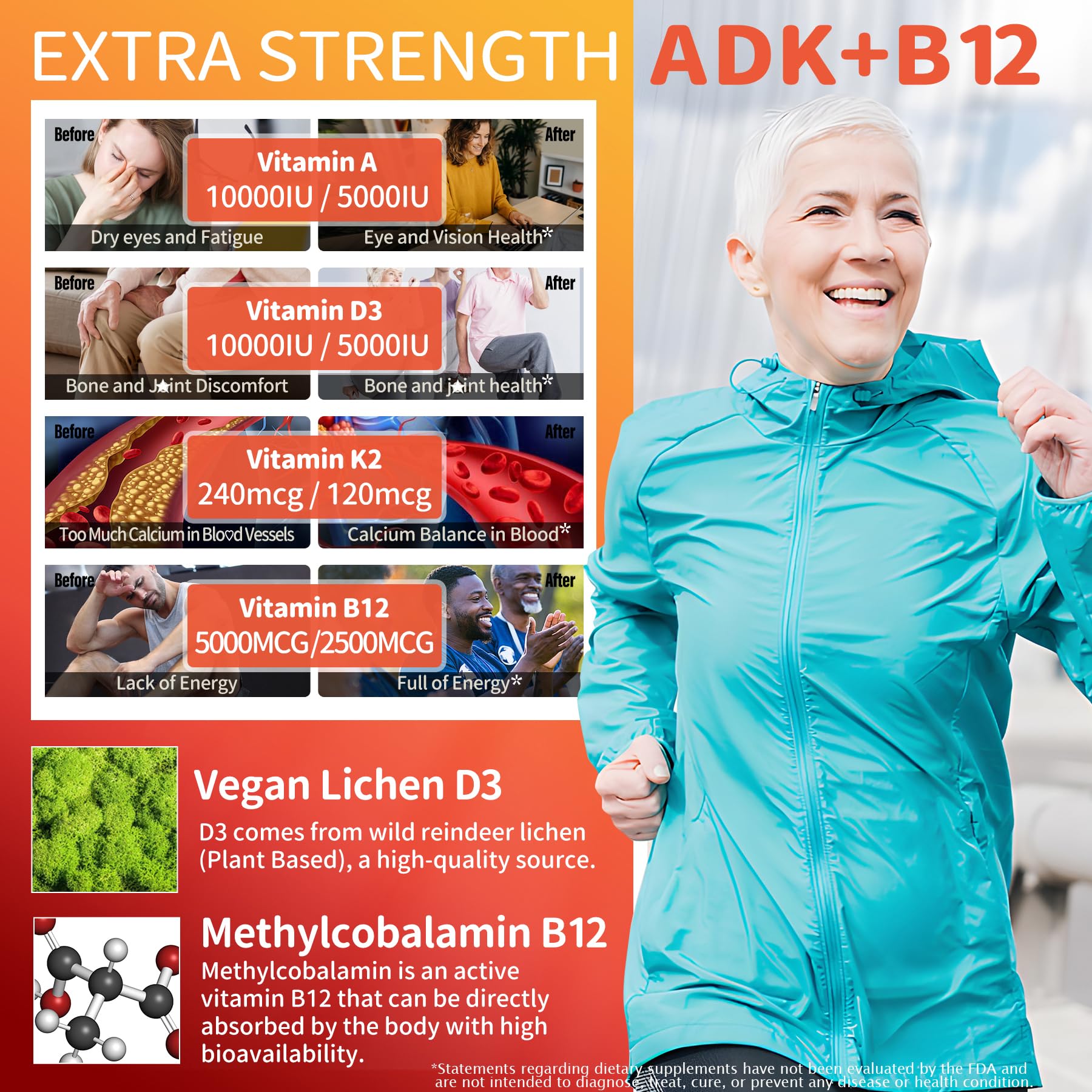 Methylated Multivitamin Women Men, Vitamin D3 K2 5000IU / 10,000IU, B12 5000 mcg 2500mcg, K2 (MK-7) 240mcg- ADK+Methyl Vitamin B12, Vegan D3,Vitamin A,C,Zinc Eye,Bone,Energy,Immune, Sugar-Free Gummies - Image 4