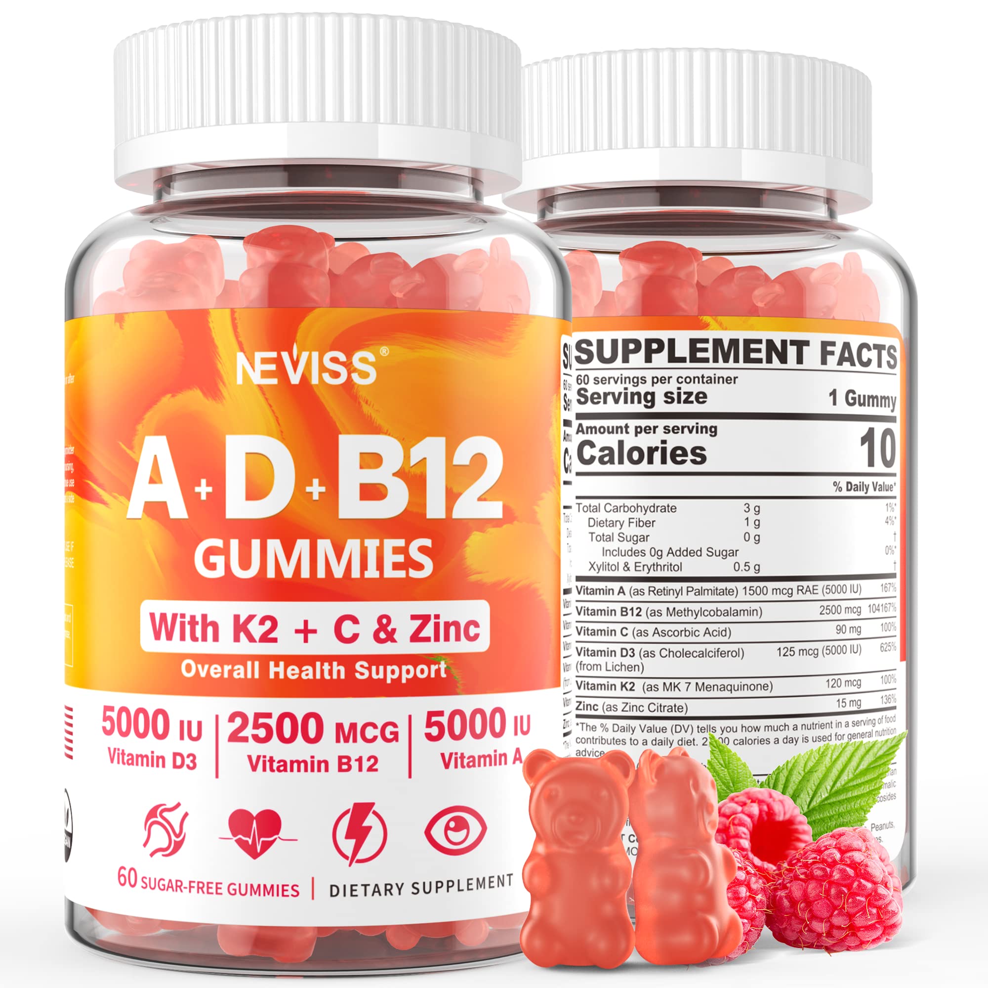 Methylated Multivitamin Women Men, Vitamin D3 K2 5000IU / 10,000IU, B12 5000 mcg 2500mcg, K2 (MK-7) 240mcg- ADK+Methyl Vitamin B12, Vegan D3,Vitamin A,C,Zinc Eye,Bone,Energy,Immune, Sugar-Free Gummies - Image 8