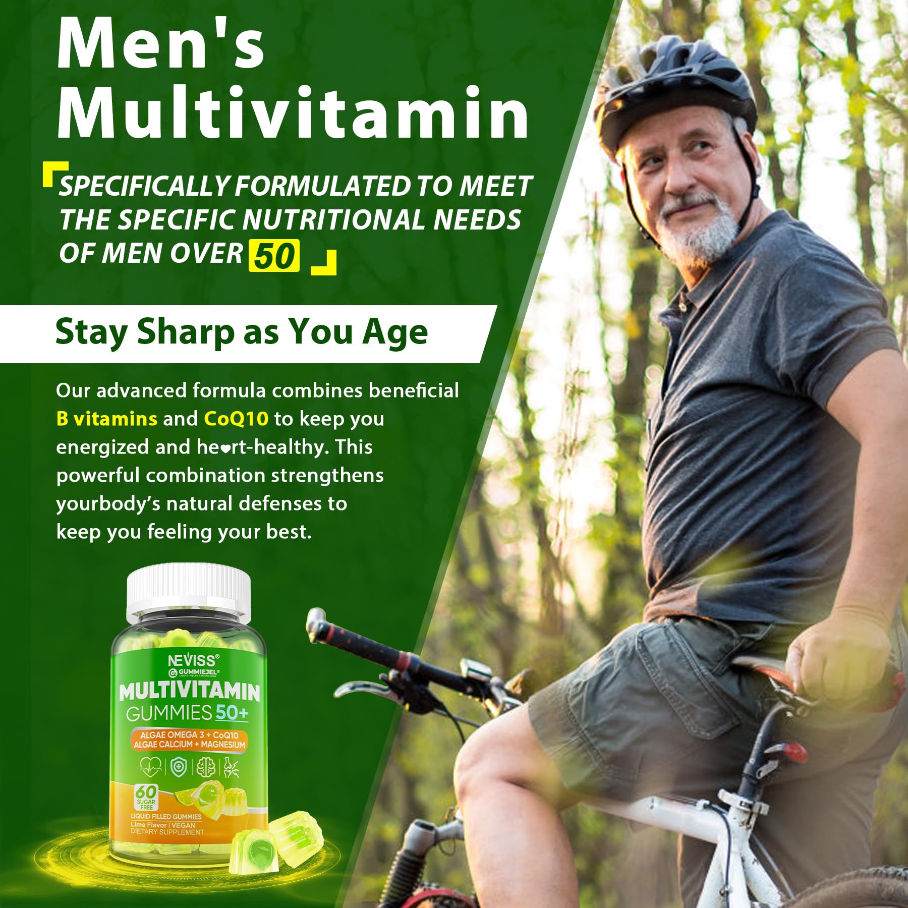 Multivitamin for Men 50 + Plus, Sugar Free Men Multivitamins Gummies w/Omega-3, Coq10, D3k2, Calcium, Magnesium, Zinc, Vitamins A, C & E, Mens Vitamins for 𝖧𝖾𝖱𝗍, Antioxidant, Brain, Bone, 60cts - Image 5