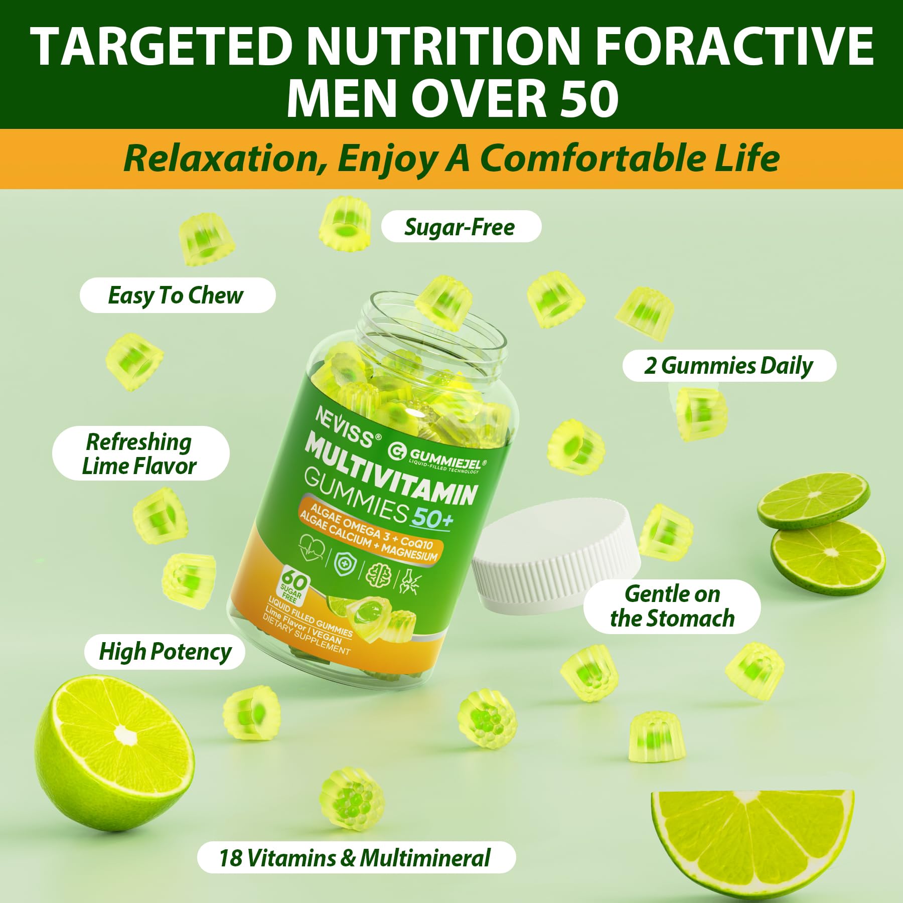 Multivitamin for Men 50 + Plus, Sugar Free Men Multivitamins Gummies w/Omega-3, Coq10, D3k2, Calcium, Magnesium, Zinc, Vitamins A, C & E, Mens Vitamins for 𝖧𝖾𝖱𝗍, Antioxidant, Brain, Bone, 60cts - Image 7