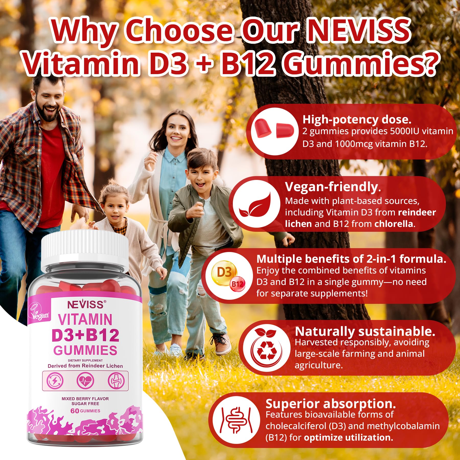 NEVISS 2Pack Vegan Vitamin D3 + Vitamin B12 Gummies, High Potency D3 5000IU & 1000 mcg Methylated B12, Vitamin D3 and B12 for Adults, Support Bone Health, Immune & Energy Supplement, 120 Count - Image 3