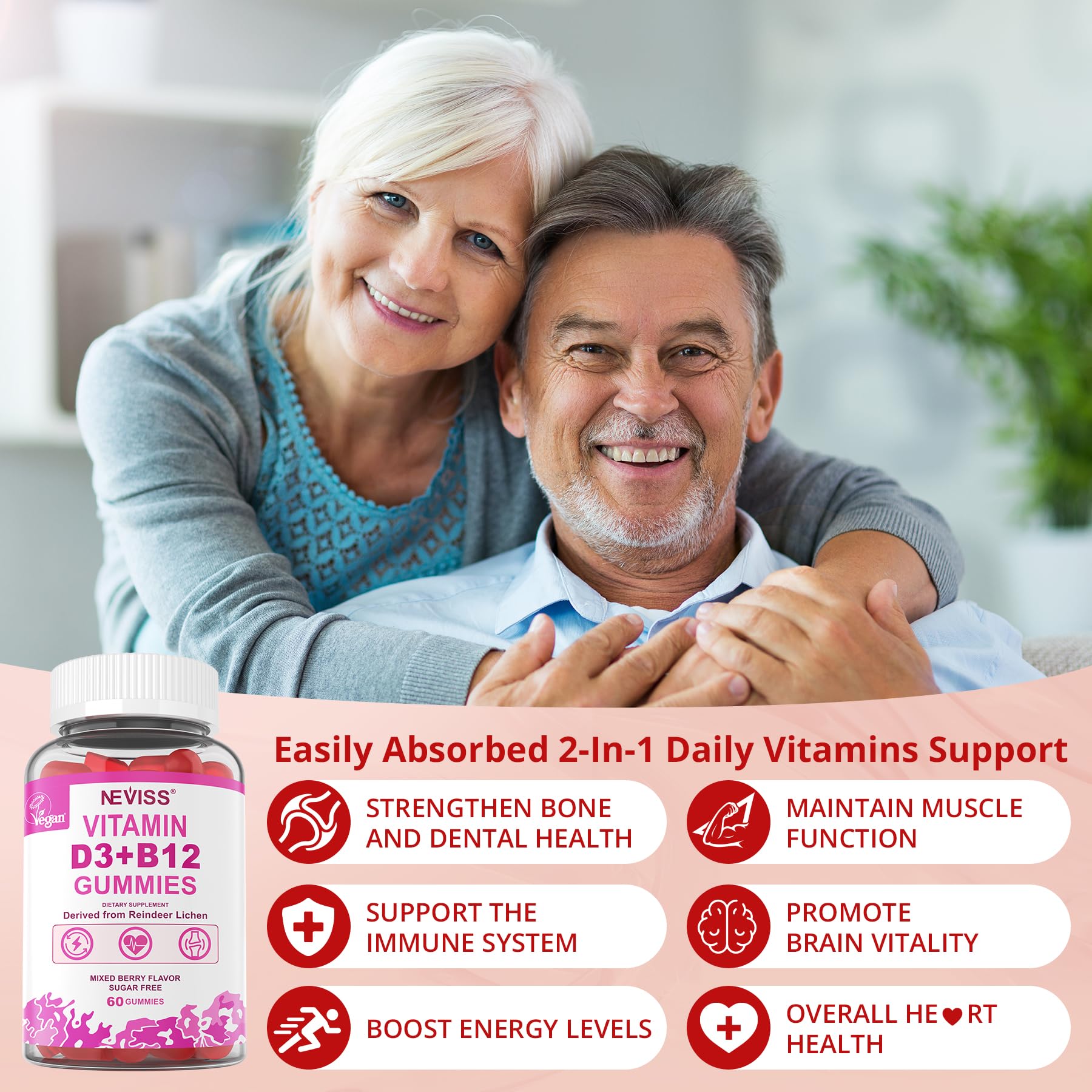 NEVISS 2Pack Vegan Vitamin D3 + Vitamin B12 Gummies, High Potency D3 5000IU & 1000 mcg Methylated B12, Vitamin D3 and B12 for Adults, Support Bone Health, Immune & Energy Supplement, 120 Count - Image 5