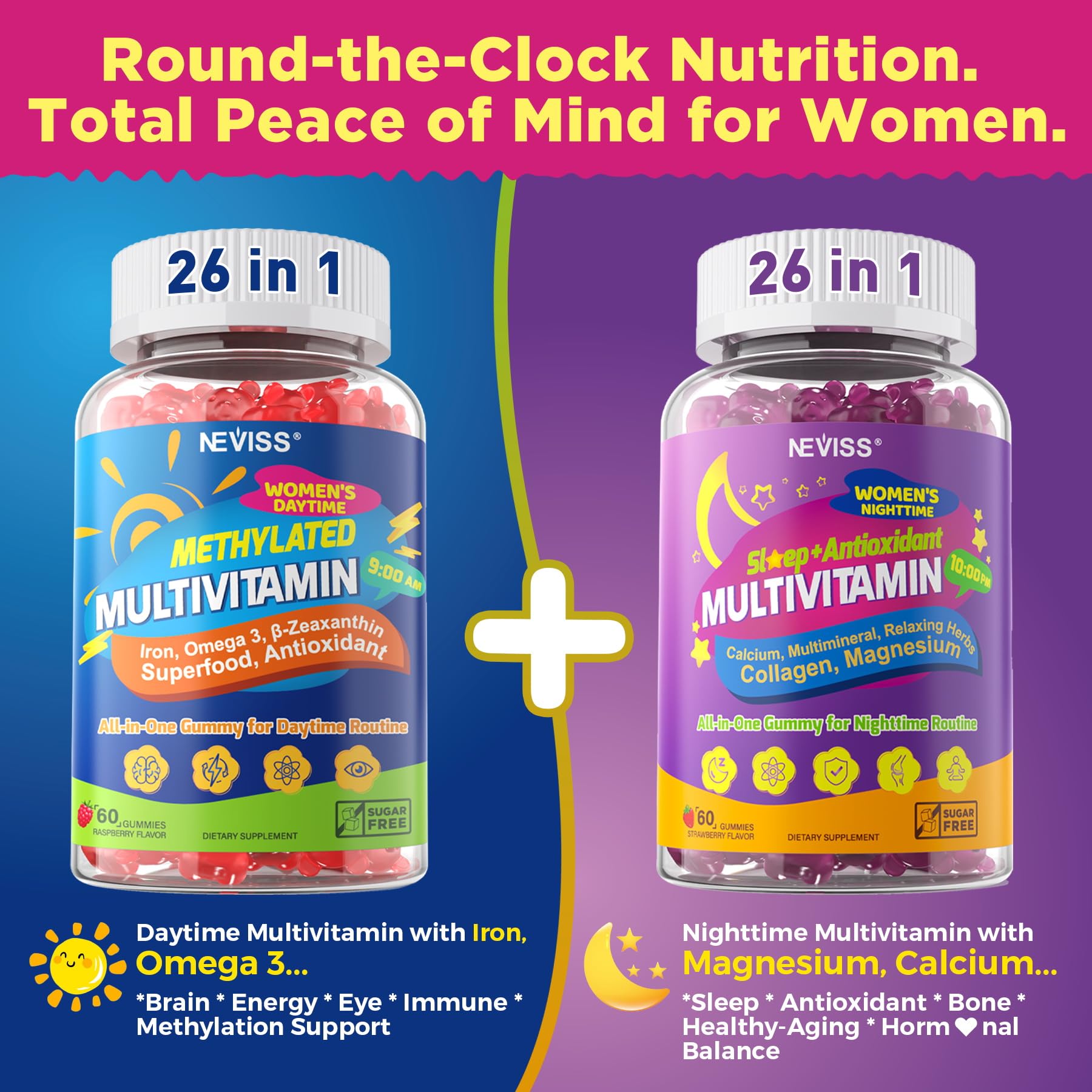 NEVISS 52-in-1 Methylated Multivitamin for Women Gummies with Iron, Omega-3, B6 B9 B12 for Day | Magnesium Glycinate, Calcium, Collagen for Night Renewal/Sleep, Womens 18 30 40 50 60 70+ AM PM Daily - Image 3