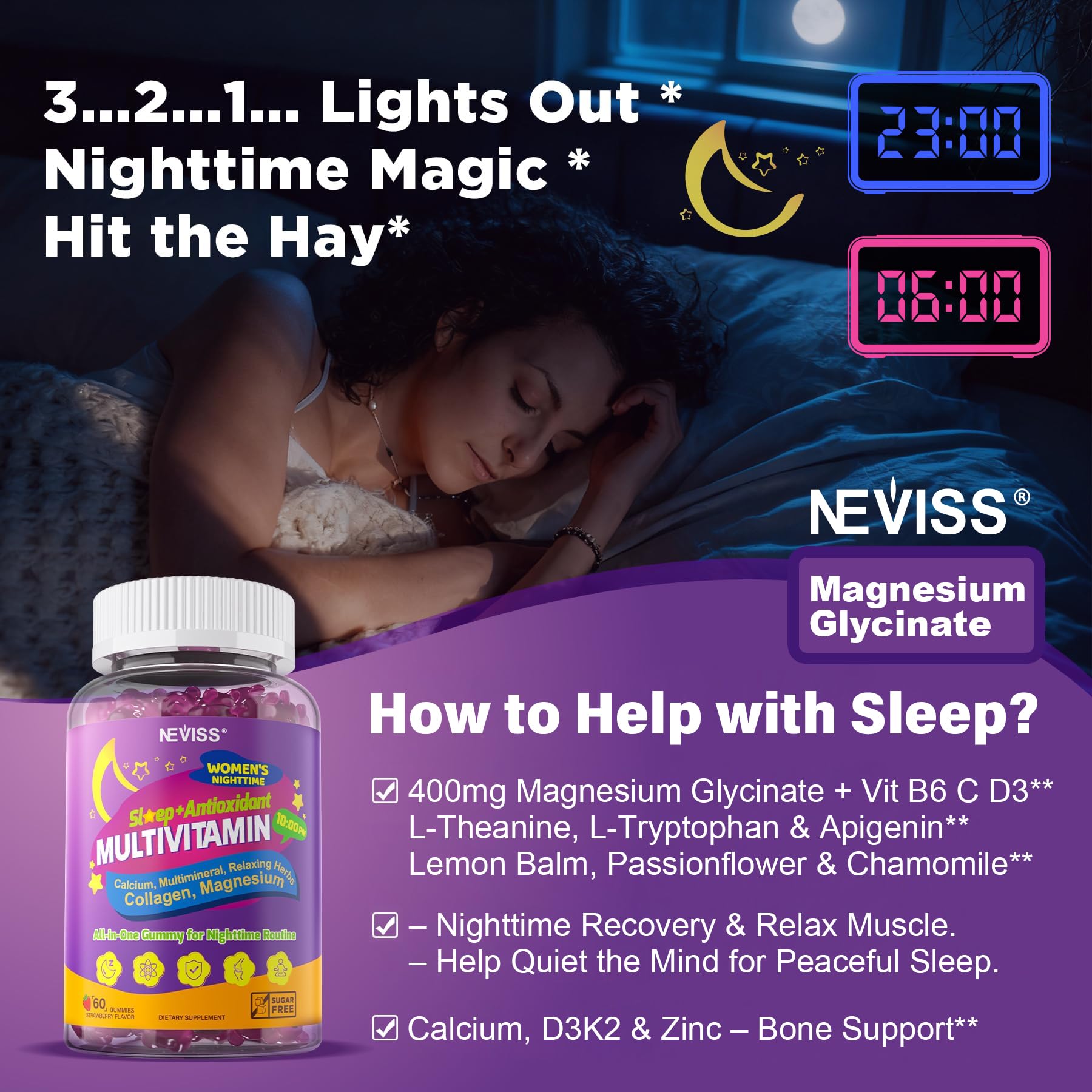 NEVISS 52-in-1 Methylated Multivitamin for Women Gummies with Iron, Omega-3, B6 B9 B12 for Day | Magnesium Glycinate, Calcium, Collagen for Night Renewal/Sleep, Womens 18 30 40 50 60 70+ AM PM Daily - Image 7