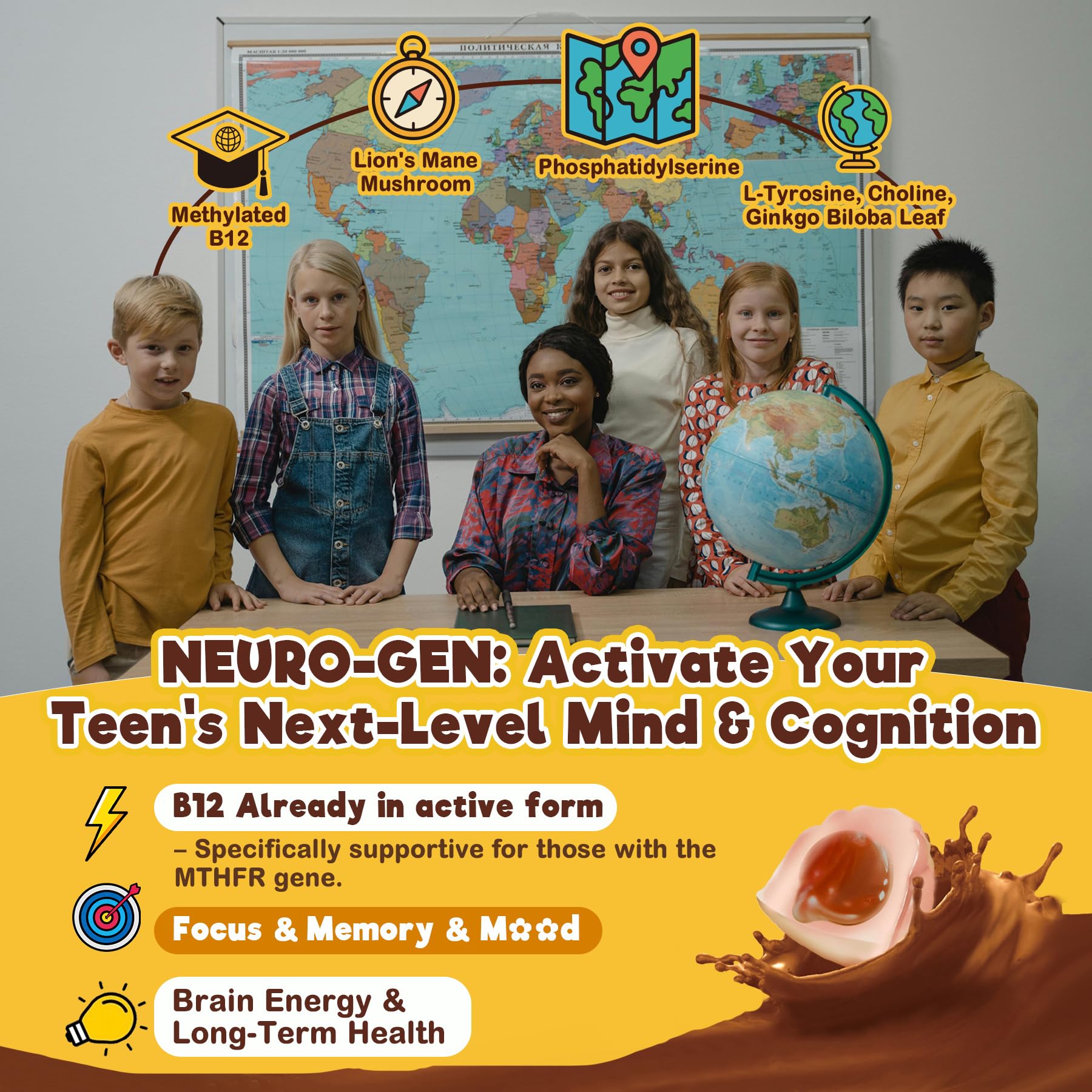 Neviss Kids 10+ Focus Brain Gummies w/Lion's Mane, B6, Methyl B12, Mushroom Filled Gummy for Teen & Adults Memory & Energy, Phosphatidylserine, L-Tyrosine, Choline, Beetroot, Ginkgo Biloba, Sugar Free - Image 5