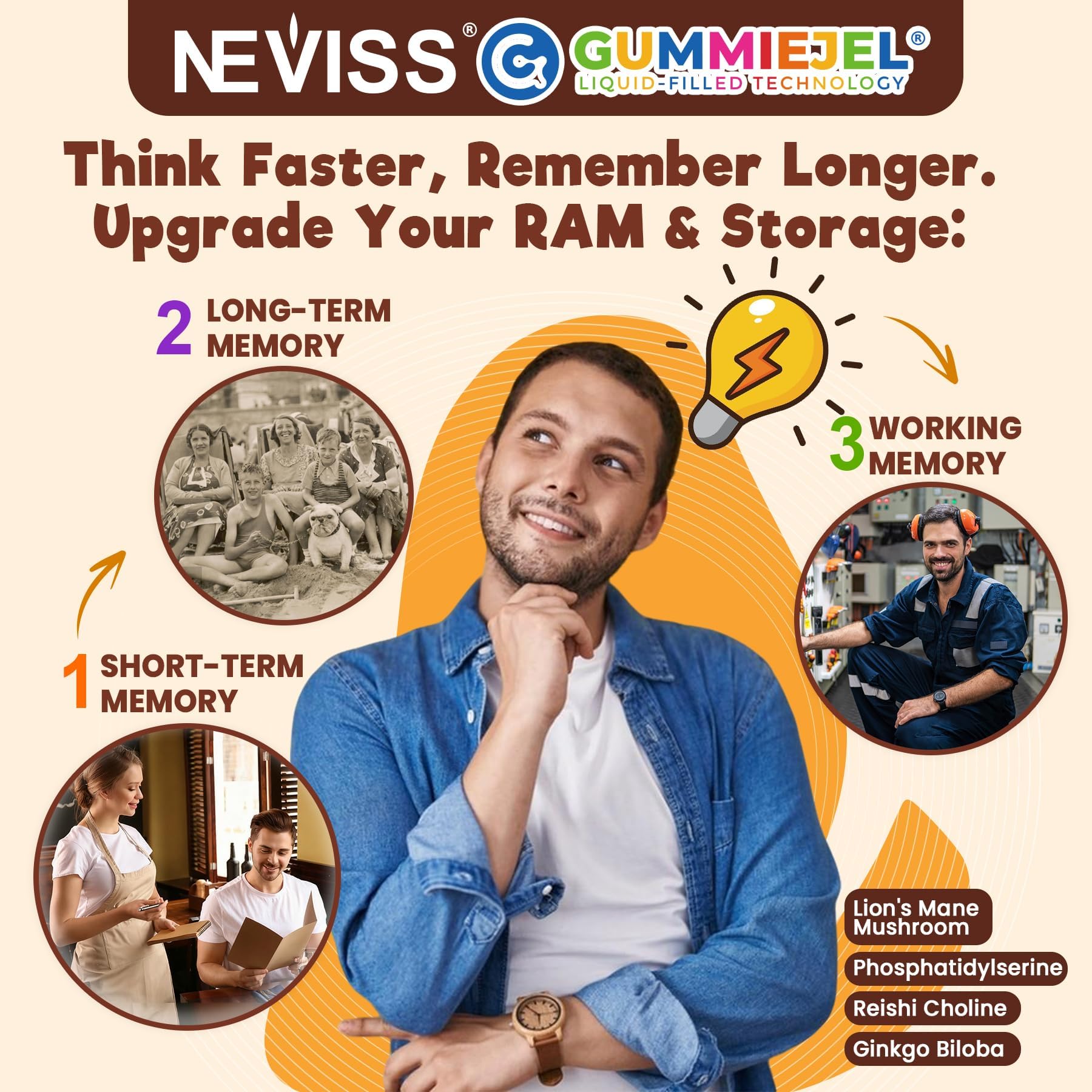 Neviss Kids 10+ Focus Brain Gummies w/Lion's Mane, B6, Methyl B12, Mushroom Filled Gummy for Teen & Adults Memory & Energy, Phosphatidylserine, L-Tyrosine, Choline, Beetroot, Ginkgo Biloba, Sugar Free - Image 7