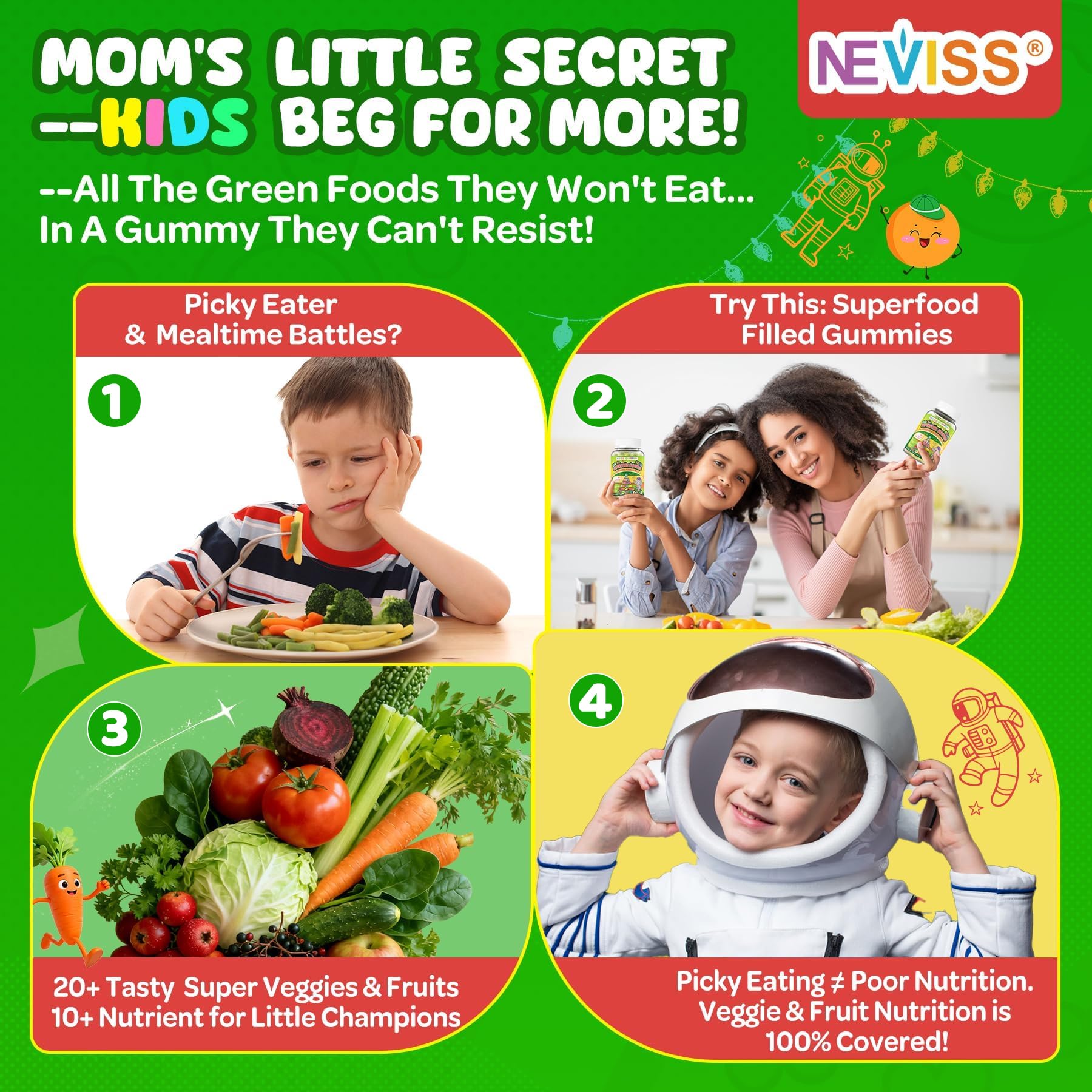 NEVISS Kids 4+ & Teens Super Greens 40-in-1 Gummies w/Multivitamin, Omega3 Iron, D3K2, Picky Eater Organic Super Fruits Veggies Superfood Gummy, Mushroom, Lutein | Immune Bone Brain Energy, Sugar Free - Image 3