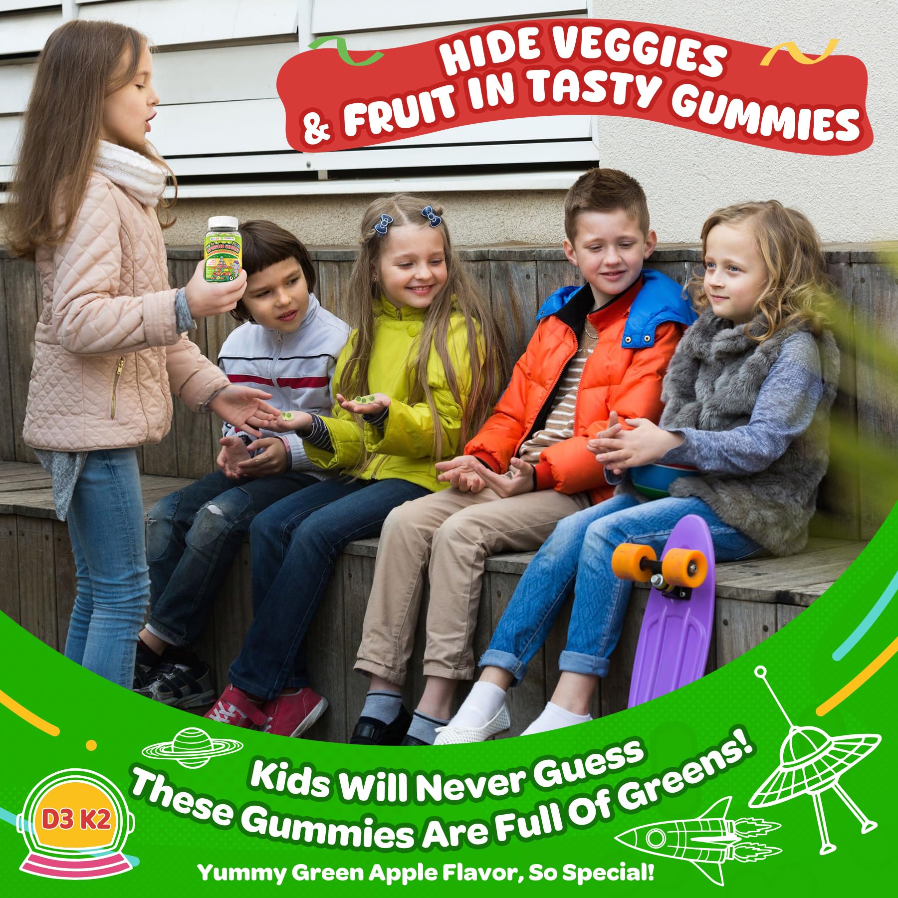 NEVISS Kids 4+ & Teens Super Greens 40-in-1 Gummies w/Multivitamin, Omega3 Iron, D3K2, Picky Eater Organic Super Fruits Veggies Superfood Gummy, Mushroom, Lutein | Immune Bone Brain Energy, Sugar Free - Image 5