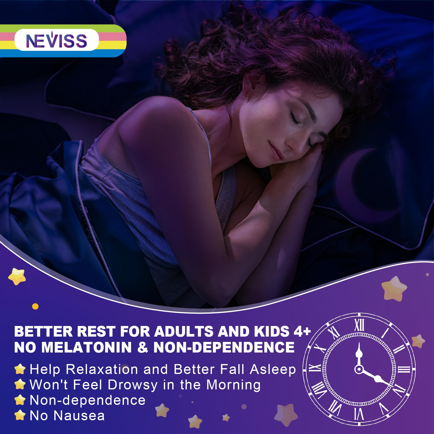 Neviss Magnesium Glycinate + Calcium Filled Gummies for Adults and Kids 4+, Kids Sleep Gummies Melatonin Free, No Sugar Magnesium Supplement w/B6 D3, L-Theanine for Zzz Relax, Brain,Bone,Muscle 2Pack - Image 4