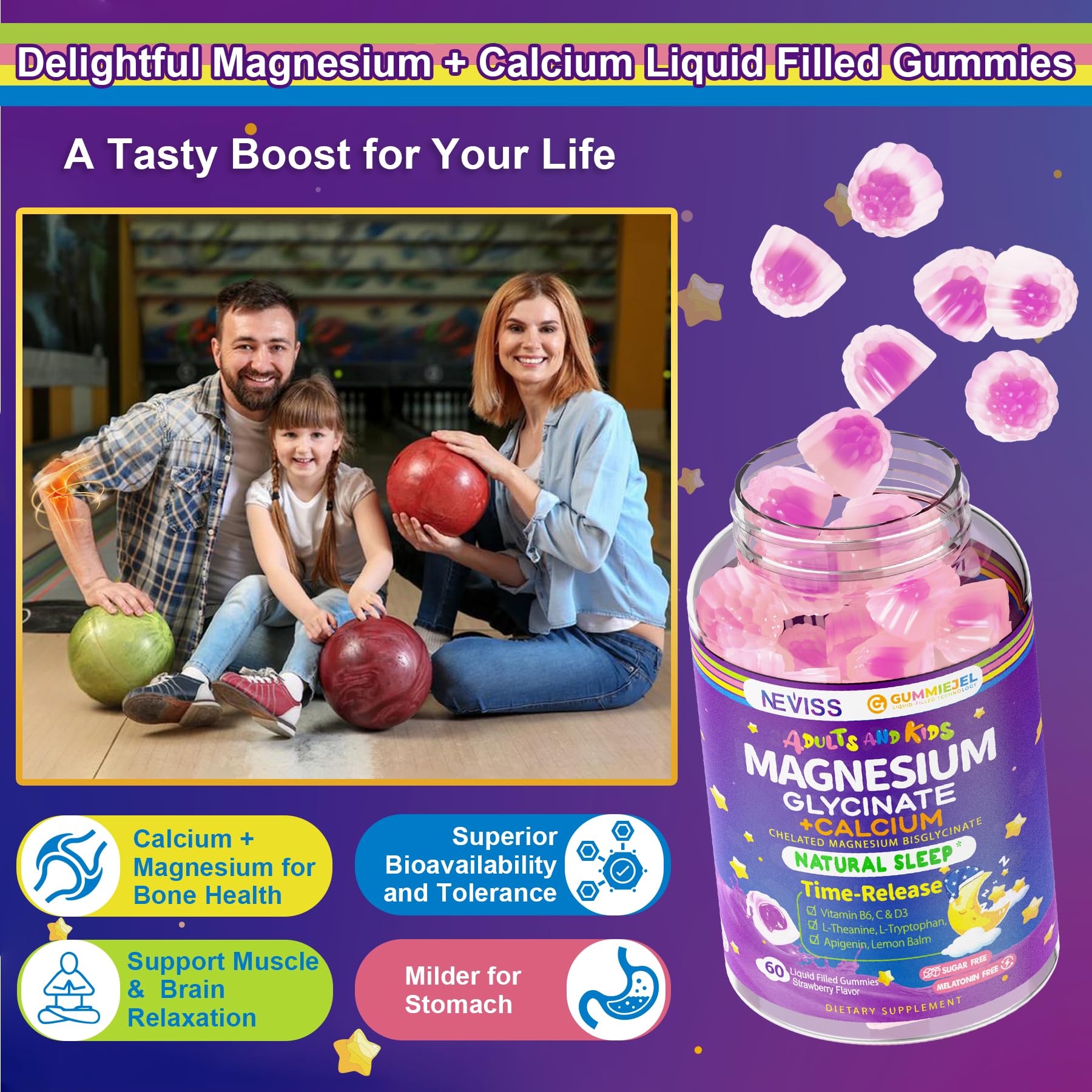 Neviss Magnesium Glycinate + Calcium Filled Gummies for Adults and Kids 4+, Kids Sleep Gummies Melatonin Free, No Sugar Magnesium Supplement w/B6 D3, L-Theanine for Zzz Relax, Brain,Bone,Muscle 2Pack - Image 6