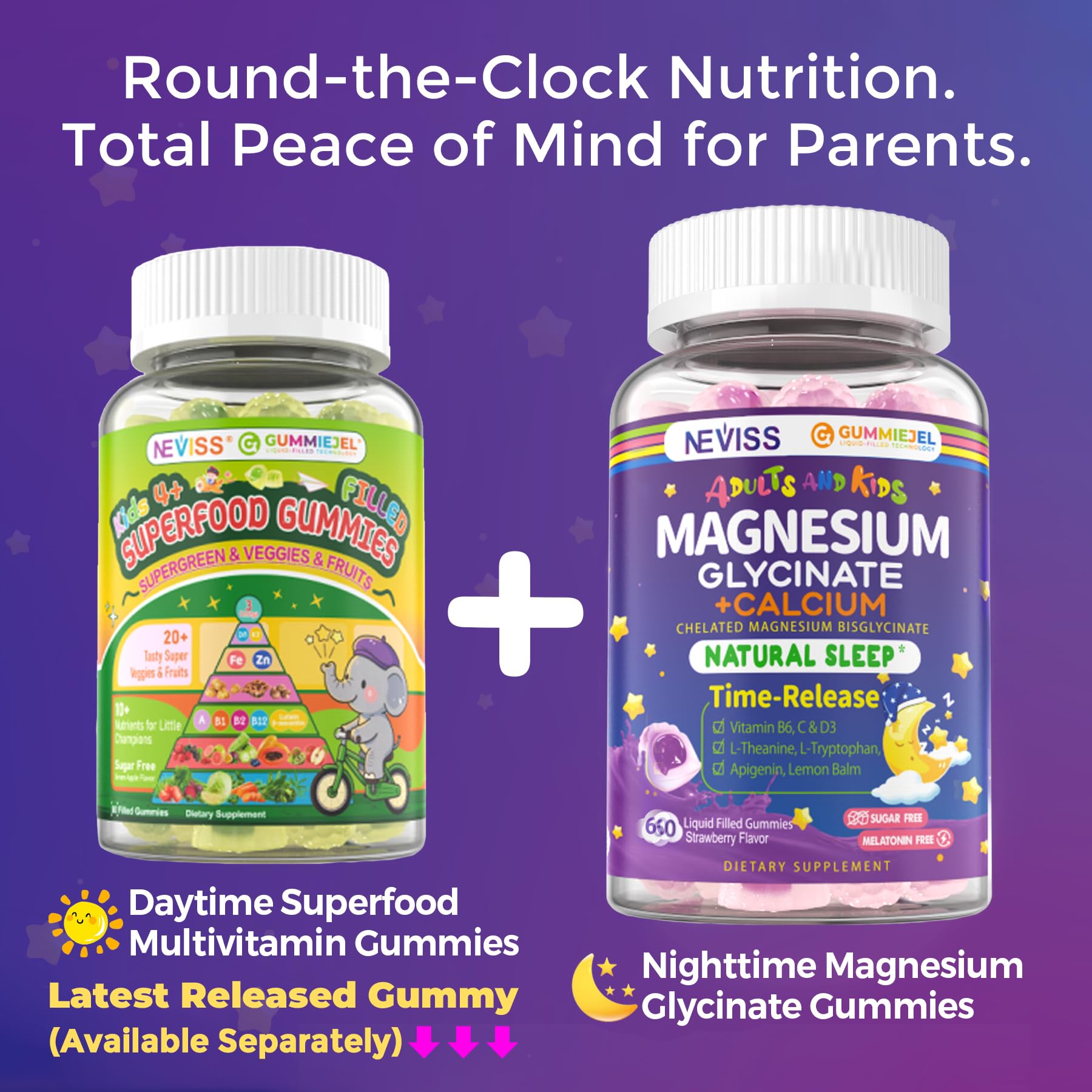 Neviss Magnesium Glycinate + Calcium Filled Gummies for Adults and Kids 4+, Kids Sleep Gummies Melatonin Free, Sugar Free Magnesium Supplement with B6 D3, L-Theanine for Zzz & Relax, Brain,Bone,Muscle - Image 9