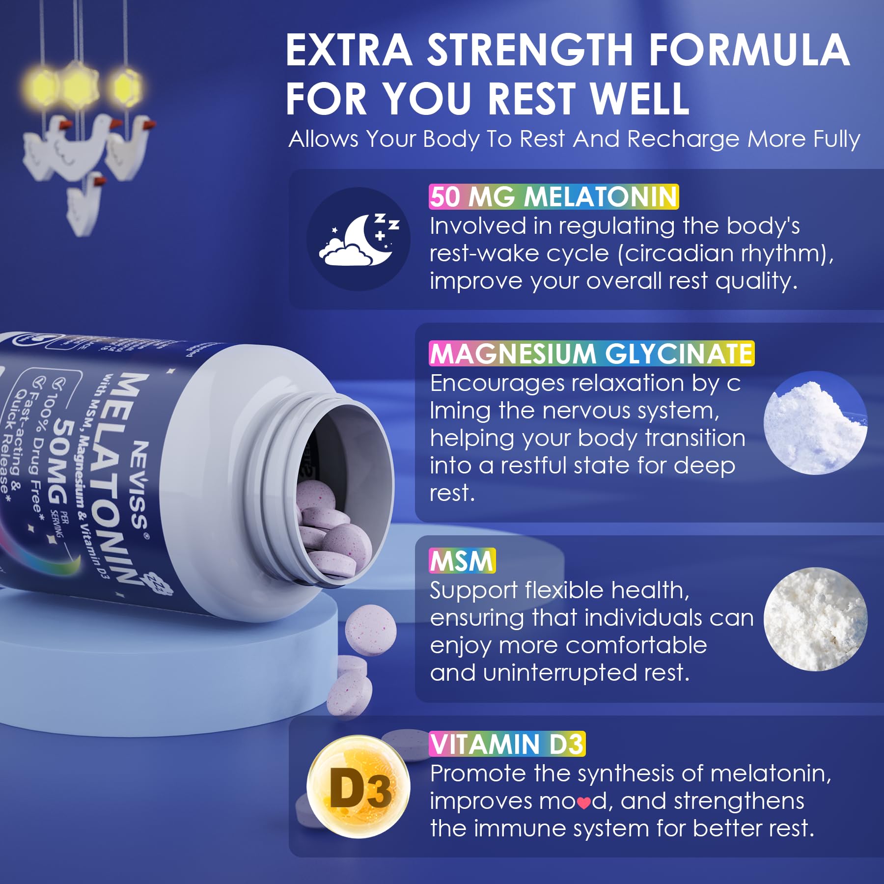 NEVISS Melatonin 50 mg for Adults - Extra Strength 9-in-1 Fast Dissolve Sublingual - High Dose with Magnesium Glycinate, Vitamin D3, Ashwagandha, Lemon Balm, Chamomile, Sugar Free,Vegan 120 Tablets - Image 4