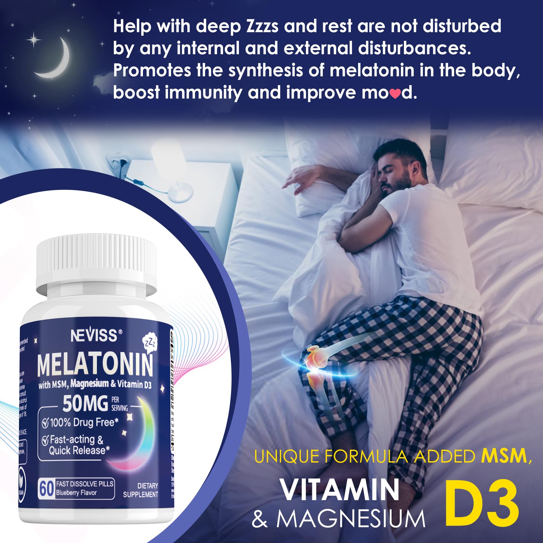NEVISS Melatonin 50 mg for Adults - Extra Strength 9-in-1 Fast Dissolve Sublingual - High Dose with Magnesium Glycinate, Vitamin D3, Ashwagandha, Lemon Balm, Chamomile, Sugar Free,Vegan 120 Tablets - Image 5