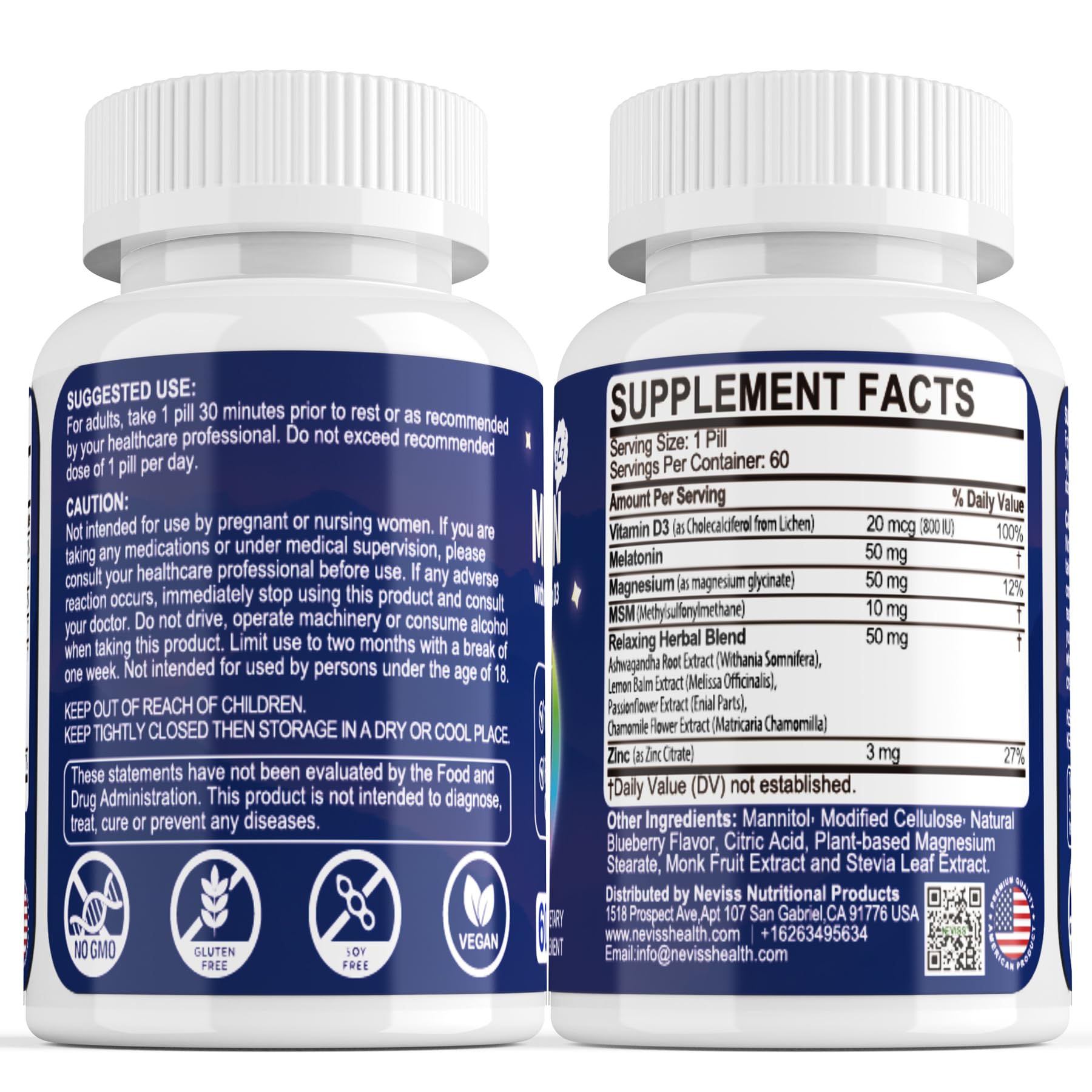 NEVISS Melatonin 50 mg for Adults - Extra Strength 9-in-1 Fast Dissolve Sublingual - High Dose with Magnesium Glycinate, Vitamin D3, Ashwagandha, Lemon Balm, Chamomile, Sugar Free,Vegan 120 Tablets - Image 9