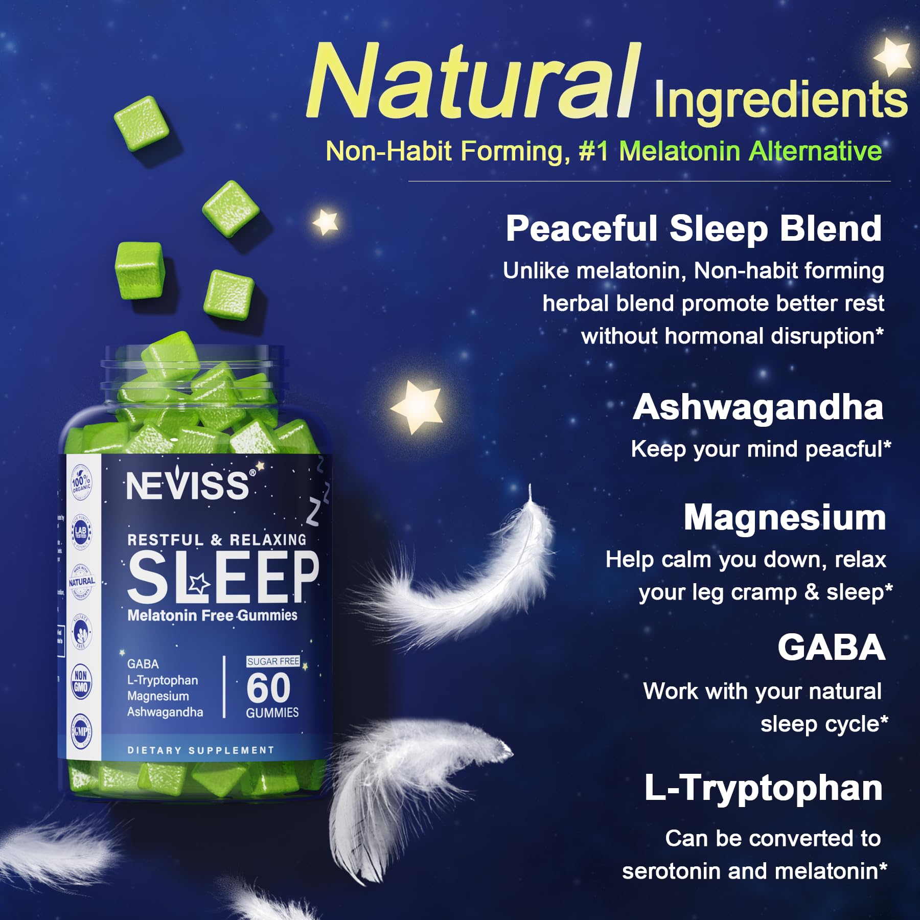 NEVISS Melatonin Free Sleep Aid Gummies for Adults - Magnesium Glycinate Gummies | GABA, L-Tryptophan, Magnesium, Ashwagandha - Non-Habit Forming, Help for Deep Relaxation - Vegan, Lemon Flavor, 2Pack - Image 4