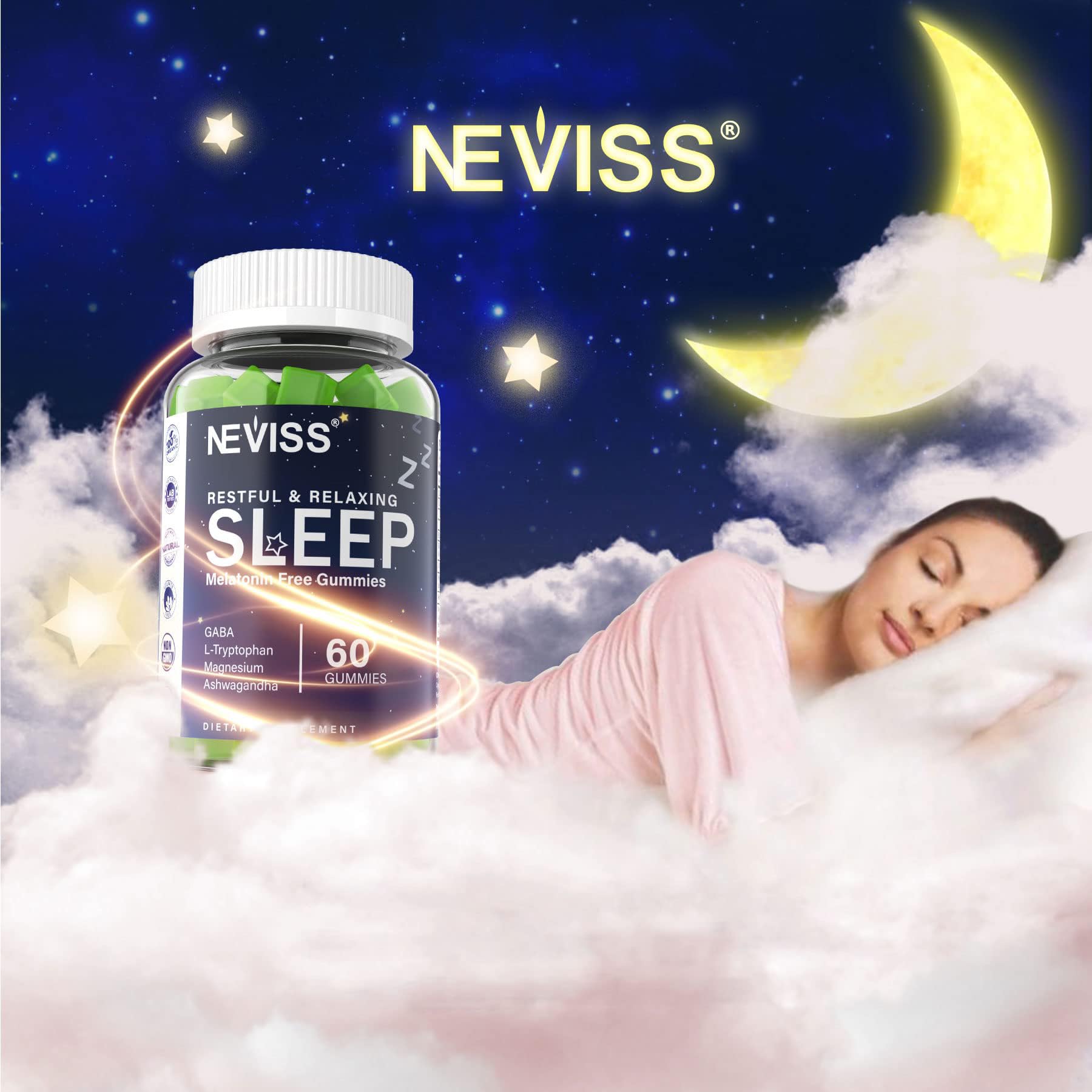 NEVISS Melatonin Free Sleep Aid Gummies for Adults - Magnesium Glycinate Gummies | GABA, L-Tryptophan, Magnesium, Ashwagandha - Non-Habit Forming, Help for Deep Relaxation - Vegan, Lemon Flavor, 2Pack - Image 7