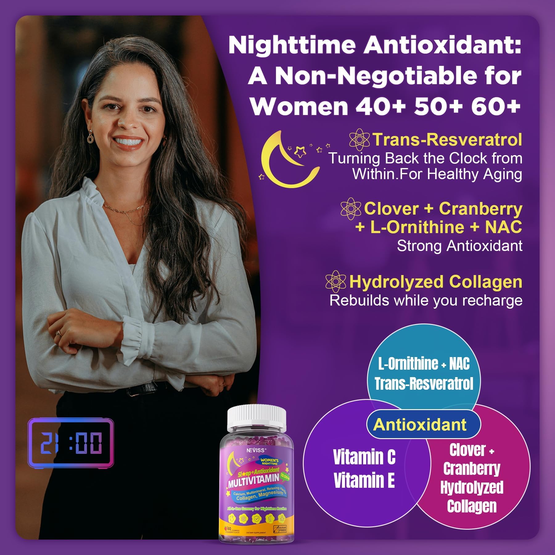 NEVISS Multivitamin for Women Gummies with Magnesium Glycinate 400mg, Calcium D3K2, Hydrolyzed Collagen Gummy for Night Renewal/Sleep, Antioxidant, Relax, Bone, Womens 18 30 40 50 60 70+ Daily Vitamin - Image 5