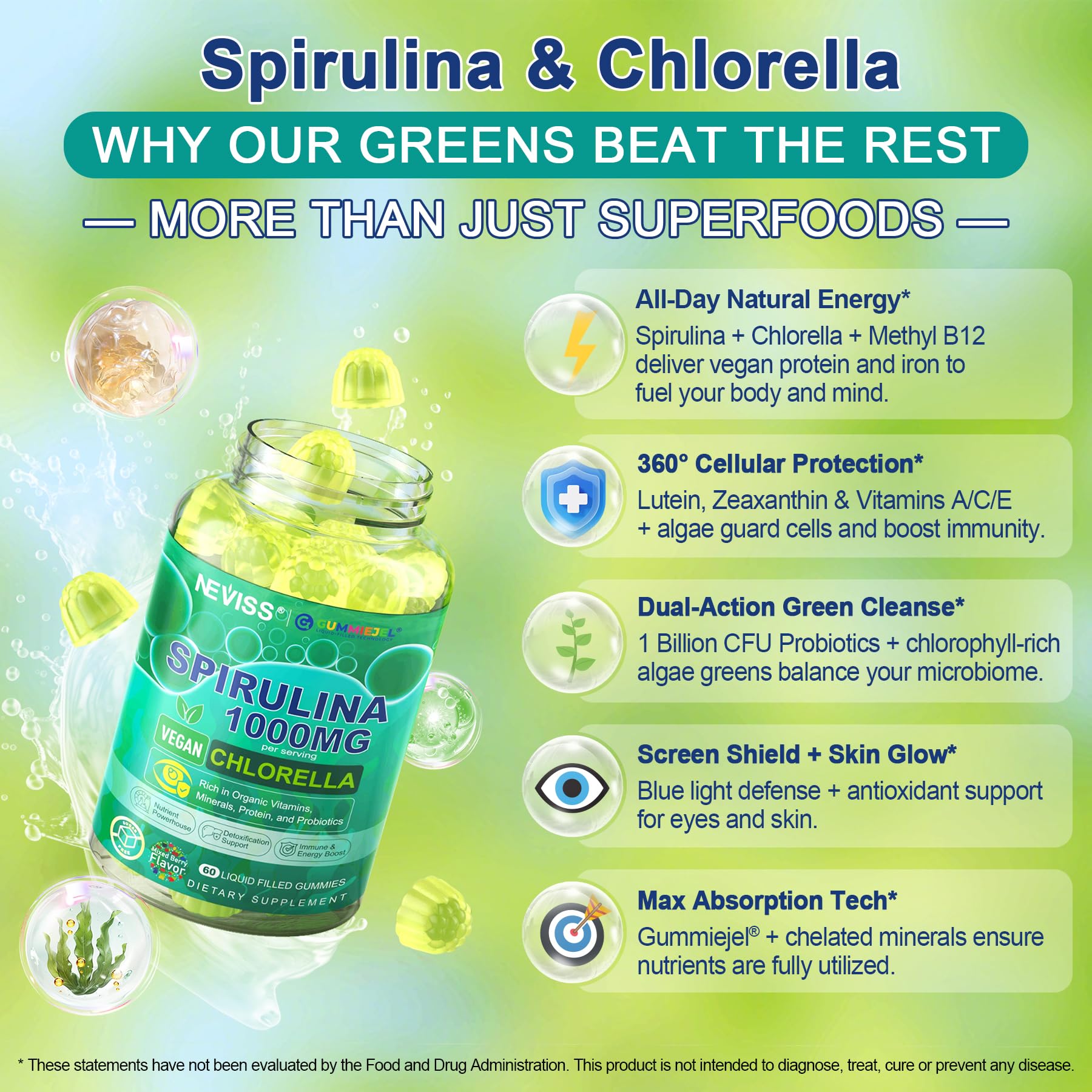 NEVISS Spirulina & Chlorella Gummies - Probiotic & Super Greens Supplement Superfood, Rich in Antioxidants, Chlorophyll, Protein, Essential Amino Acids for Cellular, Energy, Immunity & Eye, 60 Cts - Image 4
