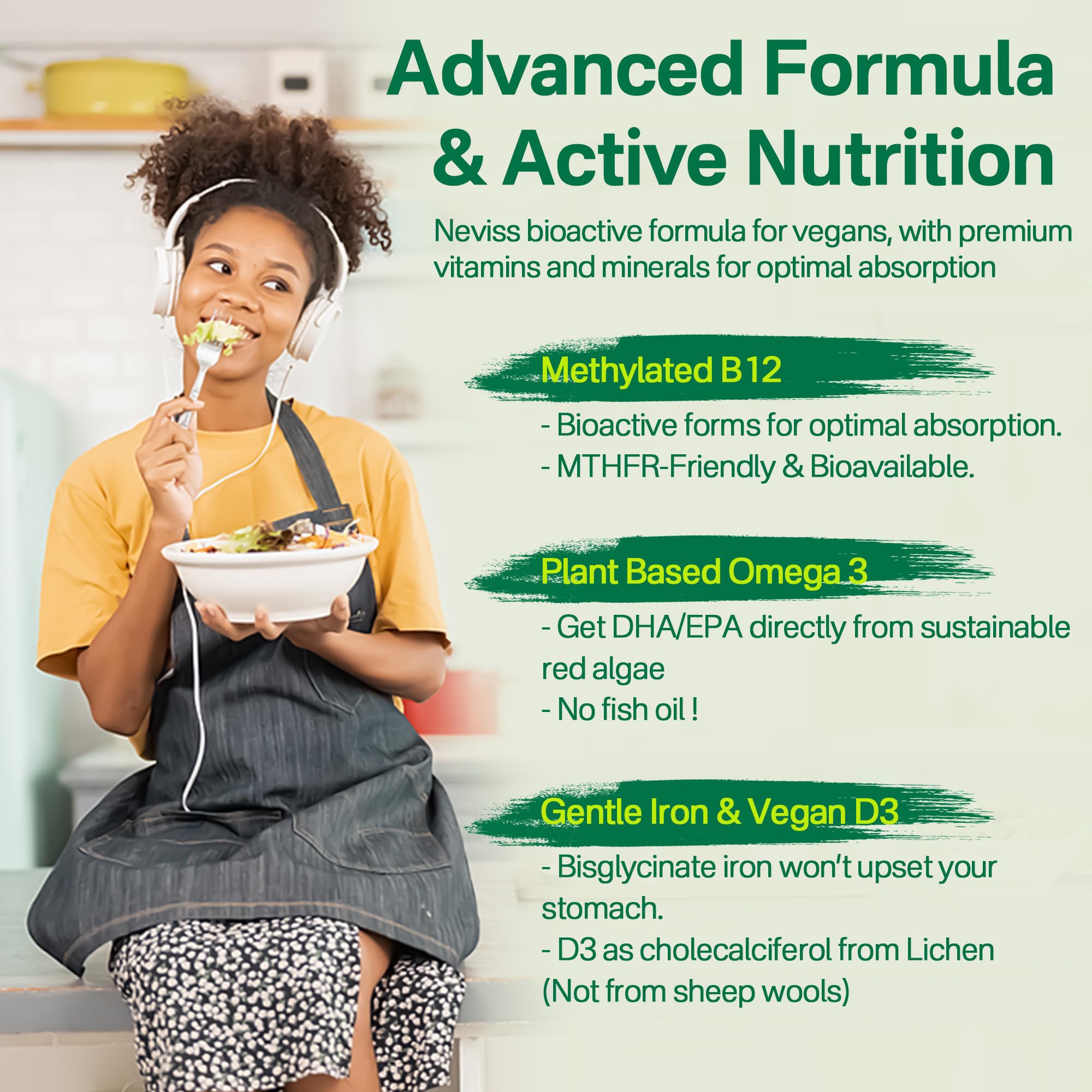 NEVISS Vegan Multivitamin for Women & Men w/Methyl B12, D3 K2, Plant Based Omega 3 (DHA+EPA), Iron, Choline, Zinc, Whole Food Daily Vitamins Gummies for Vegans & Vegetarians, Sugar Free, 60Cts - Image 4