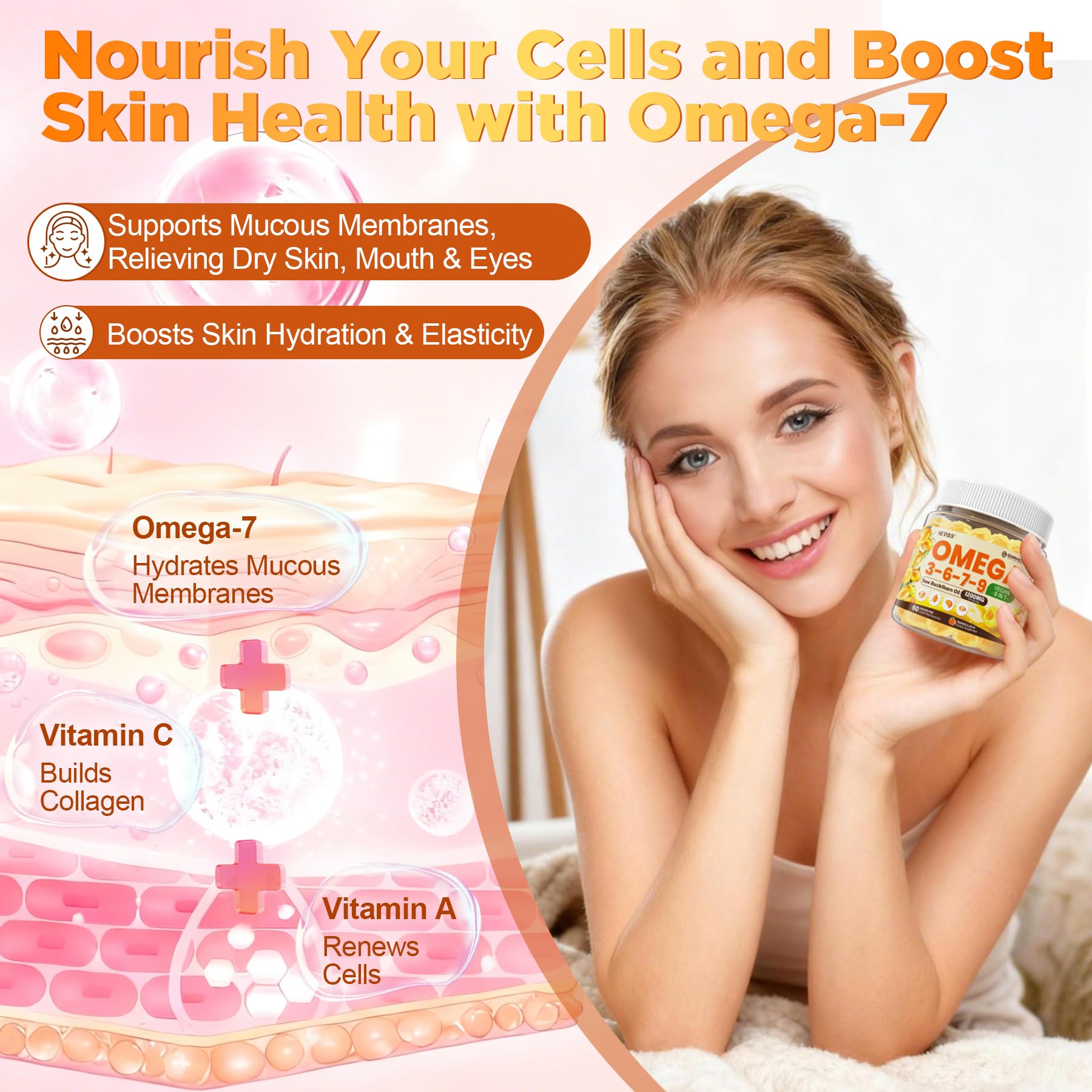 Omega 3-6-7-9 Gummies, Organic Sea Buckthorn Oil 1200MG & Flaxseed Oil 500MG, Vegan Omega 7 Supplement w/Vitamin A, C, E, Fatty Acids, No Fish Taste, Supports Skin, Eye, Immune, Brain Health, 60 Cts - Image 5