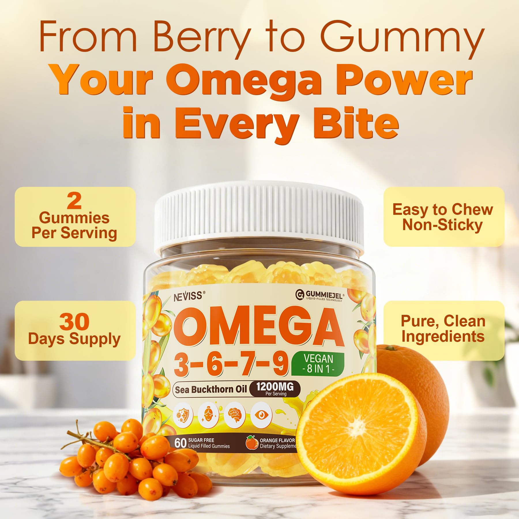 Omega 3-6-7-9 Gummies, Organic Sea Buckthorn Oil 1200MG & Flaxseed Oil 500MG, Vegan Omega 7 Supplement w/Vitamin A, C, E, Fatty Acids, No Fish Taste, Supports Skin, Eye, Immune, Brain Health, 60 Cts - Image 7