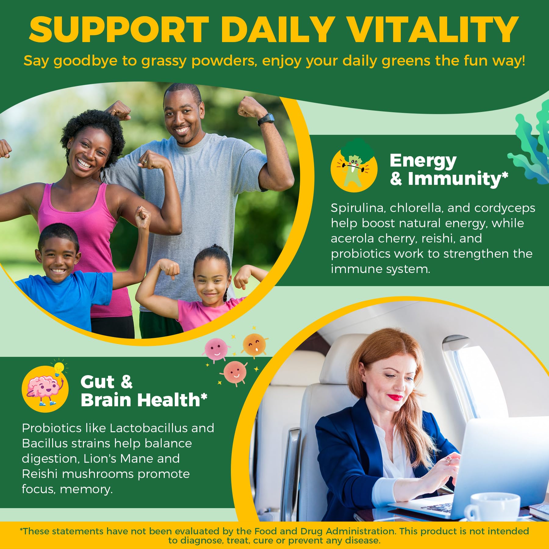 Organic Super Greens Daily Superfood Gummies + Probiotics, Spirulina, Chlorella Spinach Broccoli, Prebiotic Fiber, Mushroom -Rich in Vitamins & Antioxidants - Digestive, Focus, Energy, No Sugar, 60Cts - Image 5